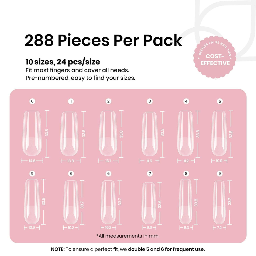 Beetles Gel Nail Tips Long Square – 288 Pcs Half Matte Pre-Shaped Press-On Nails for DIY Extensions