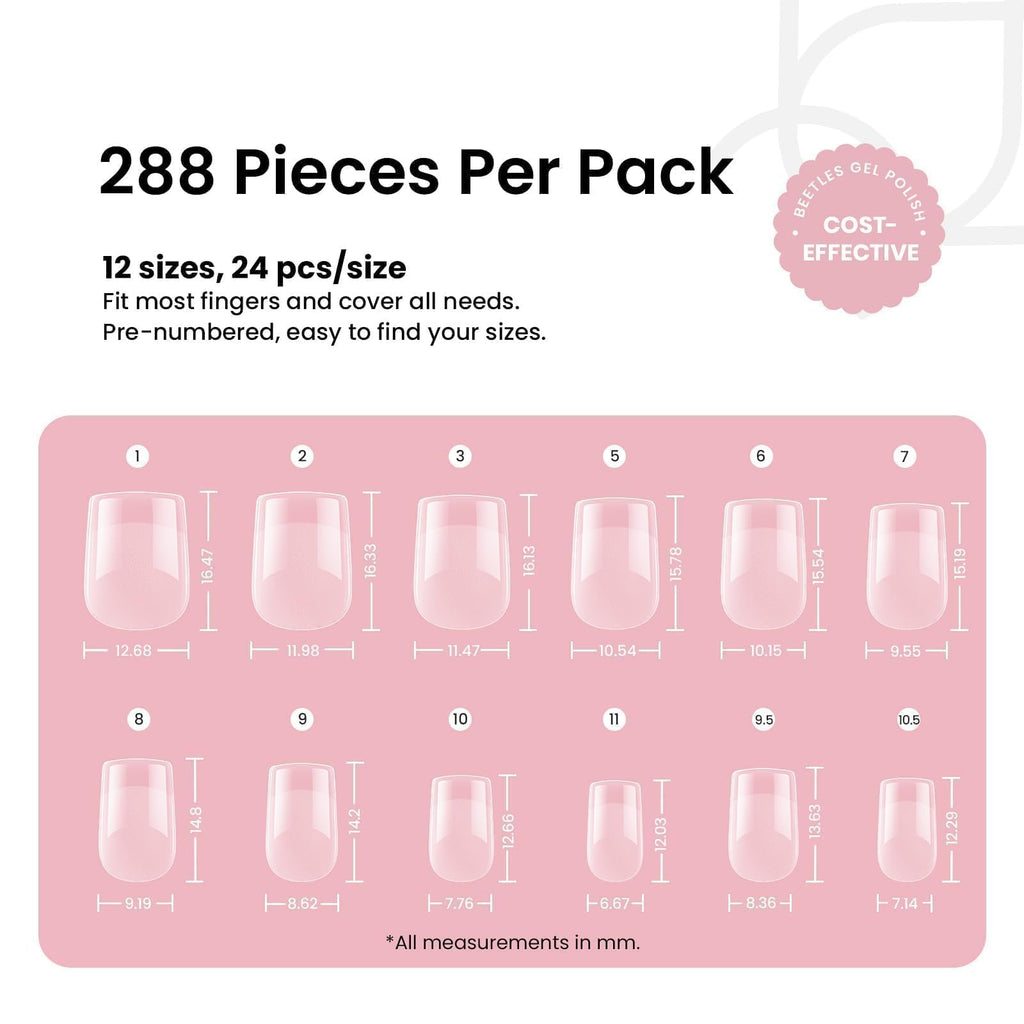Beetles Gel Nail Tips 288 pcs – Extra Short Square Press On Nails (12 Sizes)