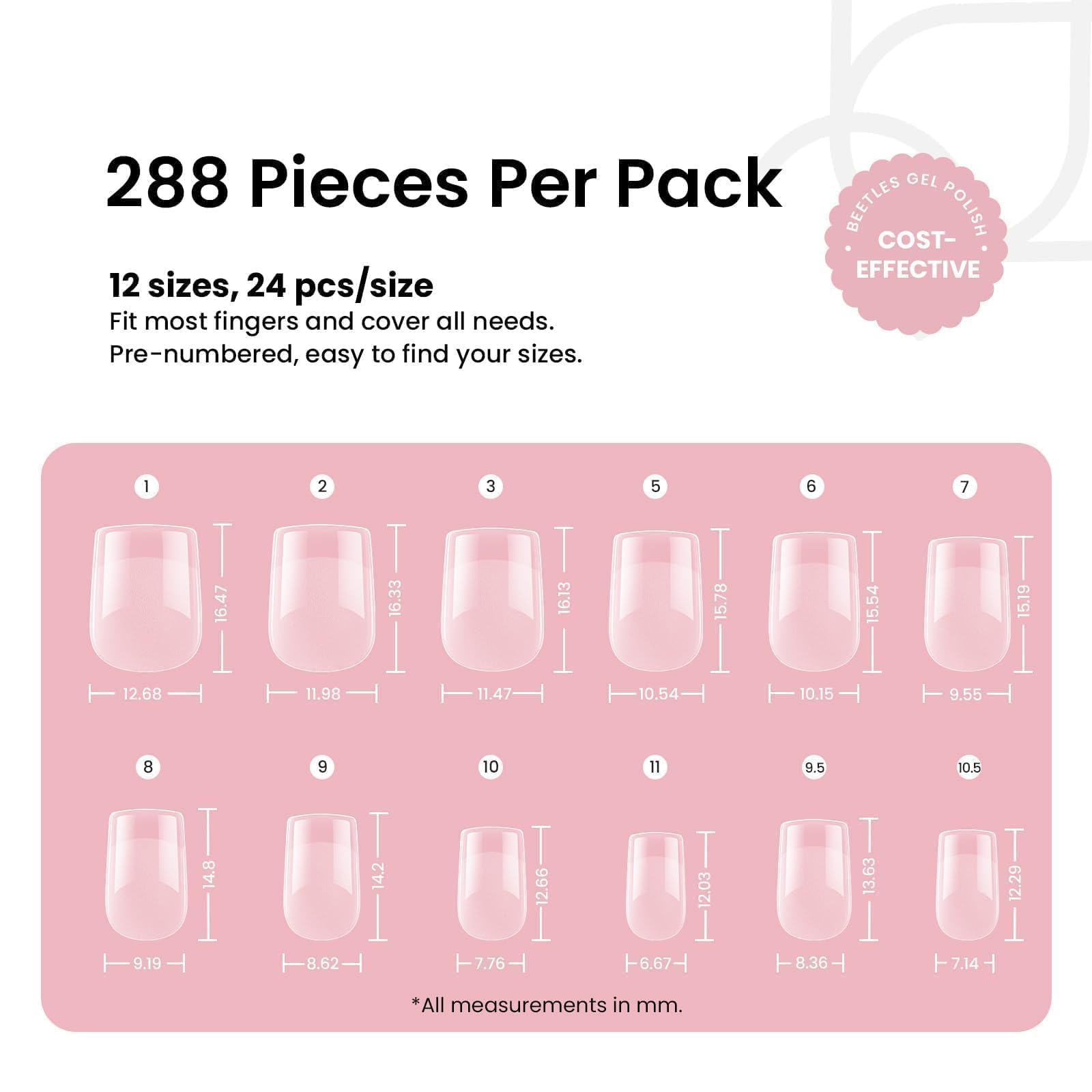 Beetles Gel Nail Tips 288 pcs – Extra Short Square Press On Nails (12 Sizes)