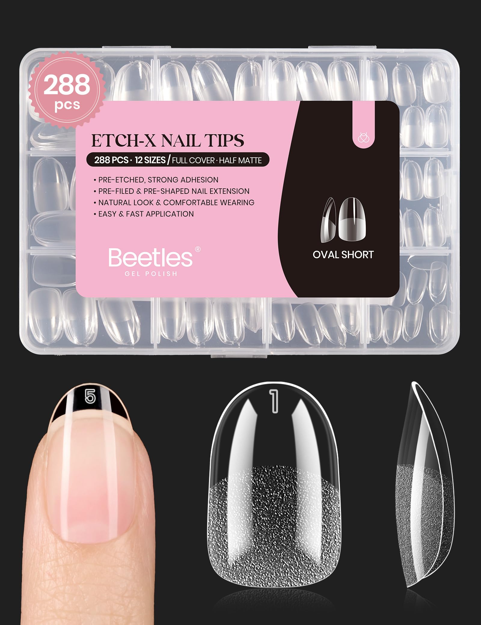 Beetles Gel Nail Tips Short Oval – 288Pcs Pre-Shaped Half Matte Press-On Nails for DIY Extensions