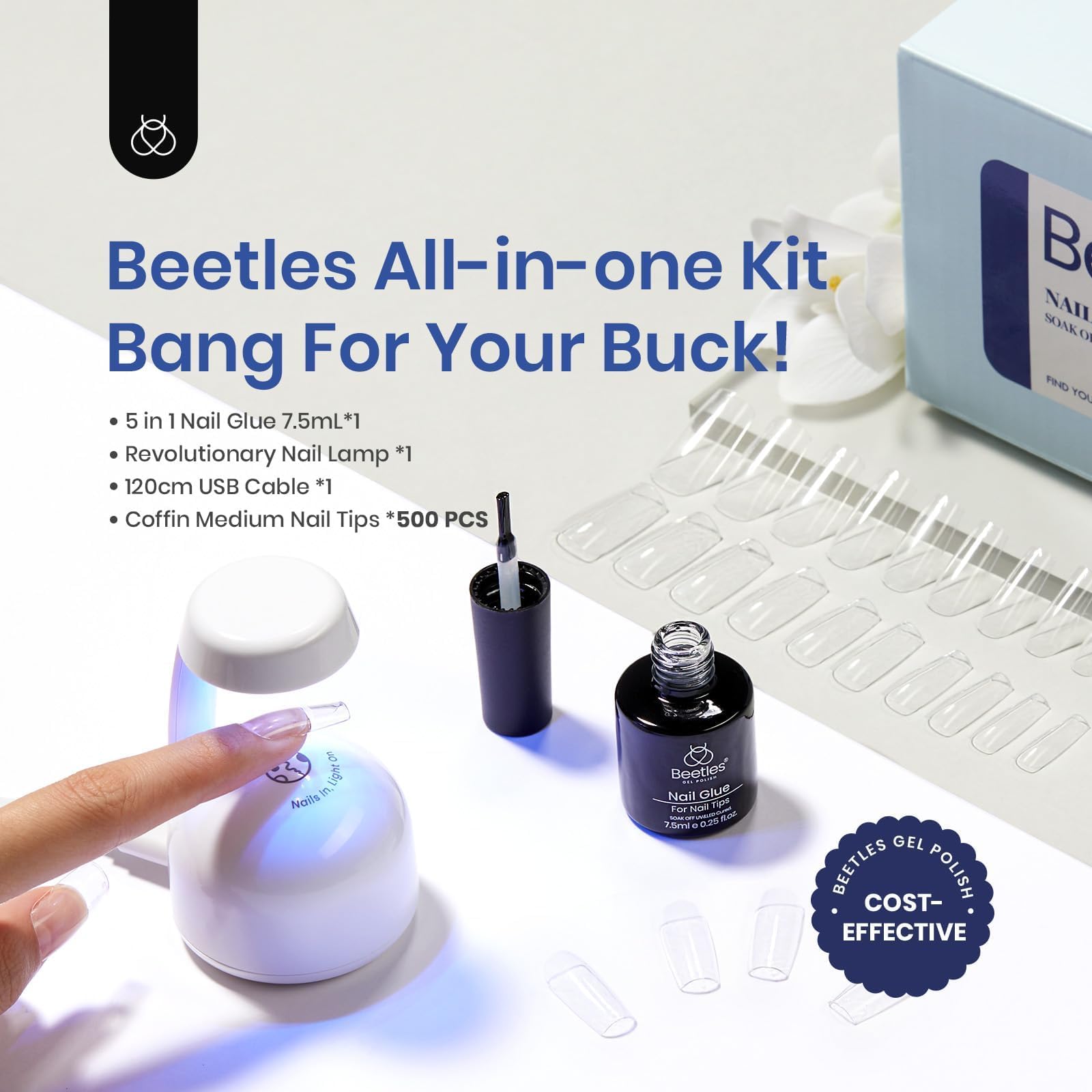Beetles Gel Nail Kit Easy Extension Set – 500 Tips, 5-in-1 Glue Base Gel, Mini UV Lamp