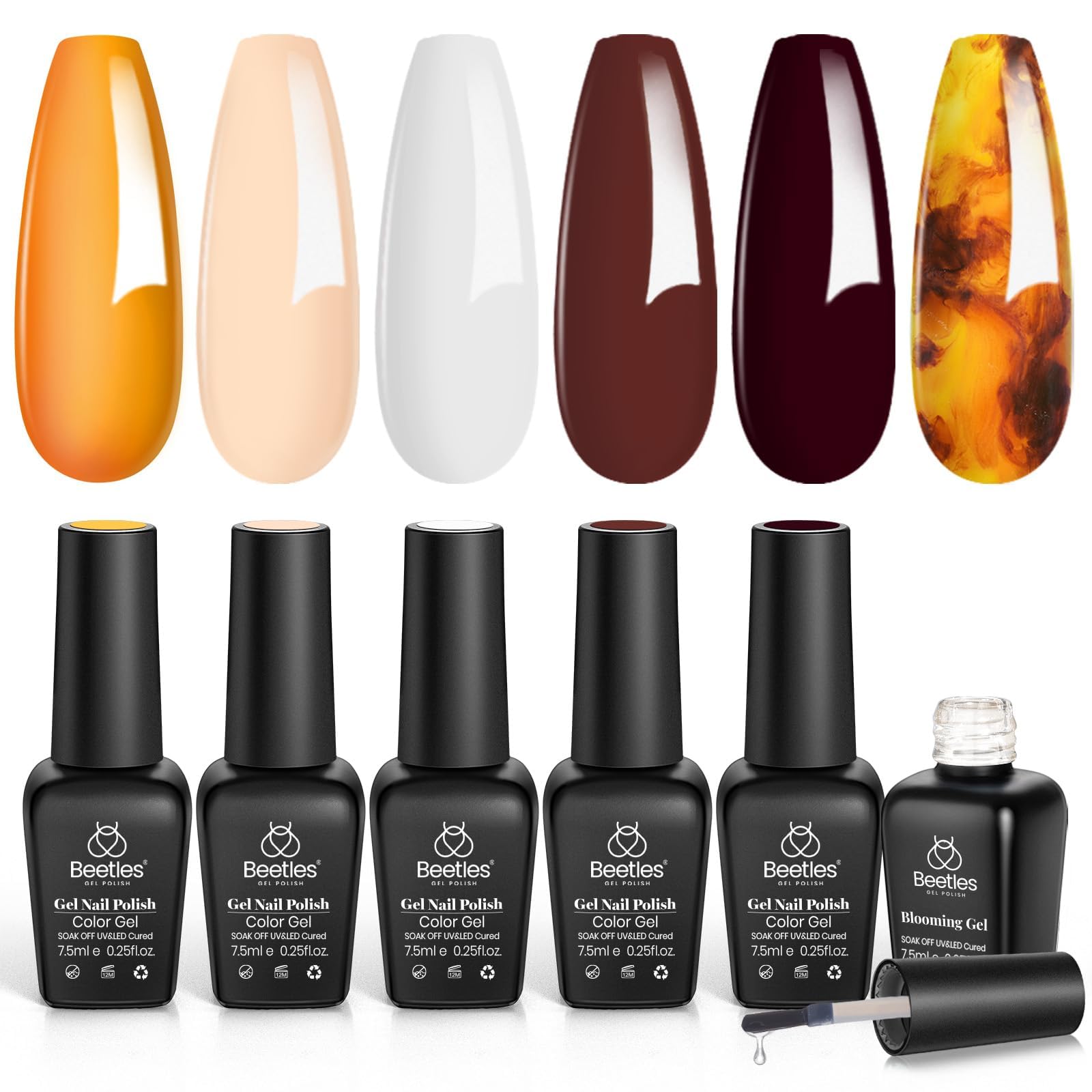 Beetles Gel Polish with Blooming Gel – Amber Attraction: 5 Brown Shades + Clear Blooming Gel | UV Nail Polish Gift Set