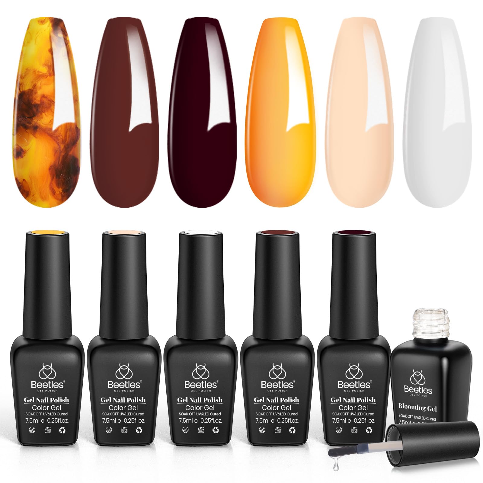 Beetles Gel Polish with Blooming Gel – Amber Attraction: 5 Brown Shades + Clear Blooming Gel | UV Nail Polish Gift Set