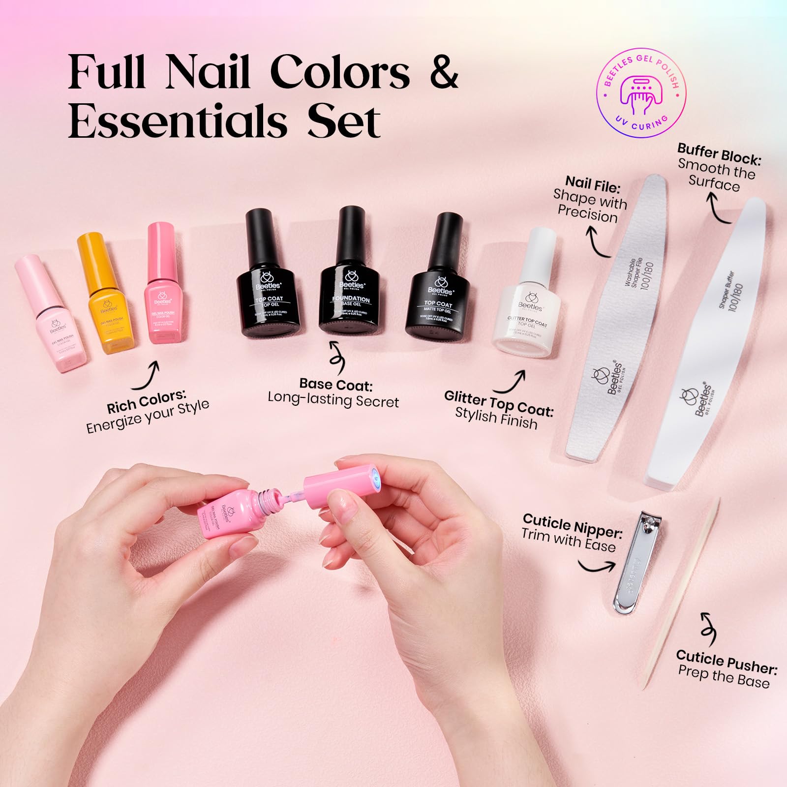 Beetles Gel Polish Shifting Lights – 36-Color UV/LED Set with Base & Top Coats