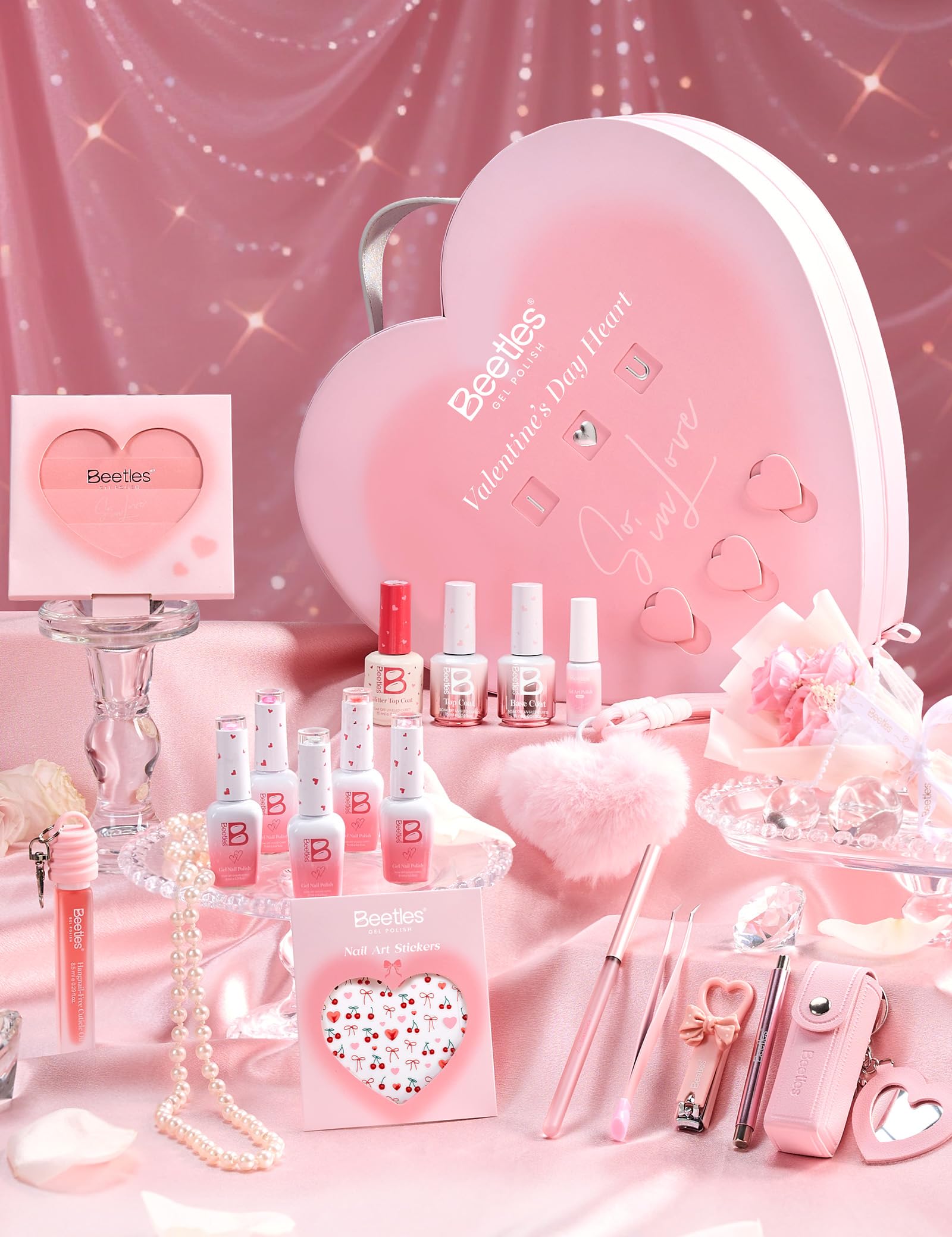 Beetles So In Love Collection – Glow In Love Valentine Gel Nail Polish Set | Pink Gel Nail Art Kit with Base & Top Coat