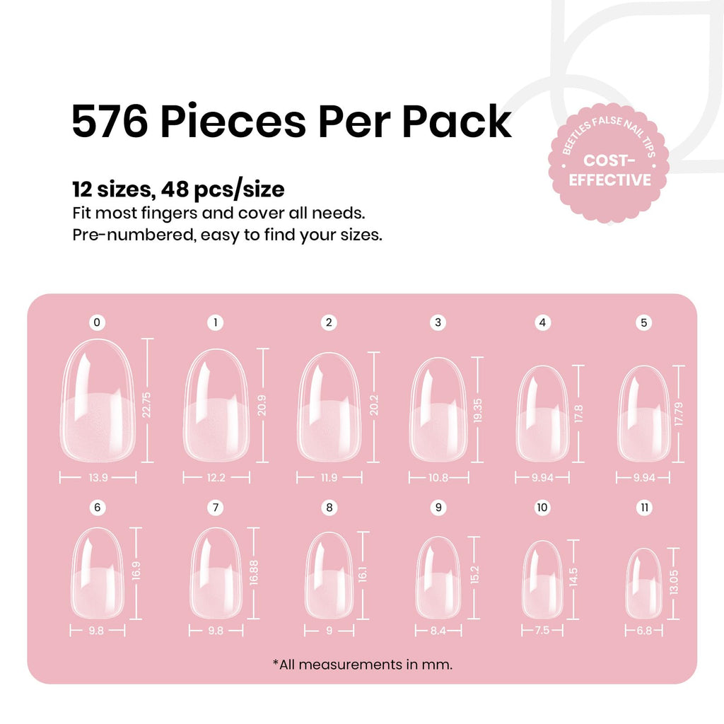 Beetles Gel Polish Short Oval Nail Tips – 576Pcs, 12 Sizes, Pre-Shaped Half-Matte Gelly Tips for DIY Gel Nails