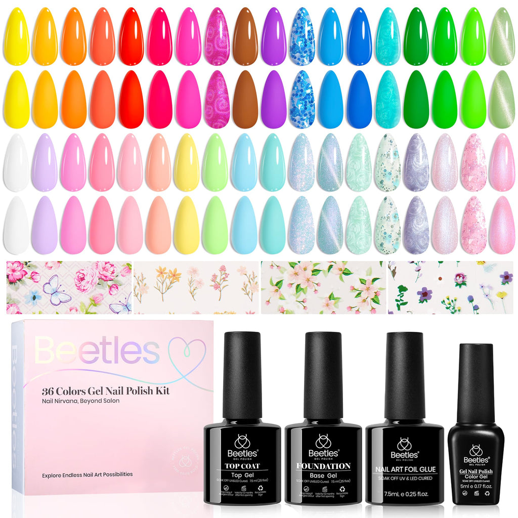 Beetles Gel Polish Kit – 36 Colors Pastel & Glitter UV Gel Manicure Set with Foil Glue and Top Coat