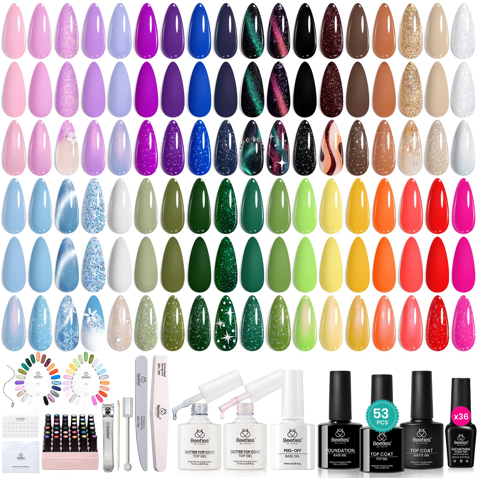 Beetles Gel Polish Kit – 36 Colors with Base & Top Coats, Cat Eye, Matte & Glossy Finishes – Travel-Ready UV Gel Manicure Gift for Women
