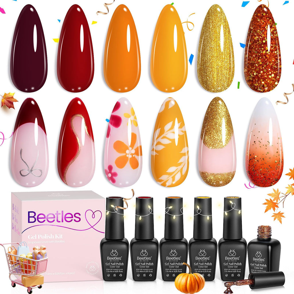 Beetles Gel Nail Polish Set – Golden Blessing (6 Autumn Shades: Red, Yellow, Brown, Glitter Orange-Gold)