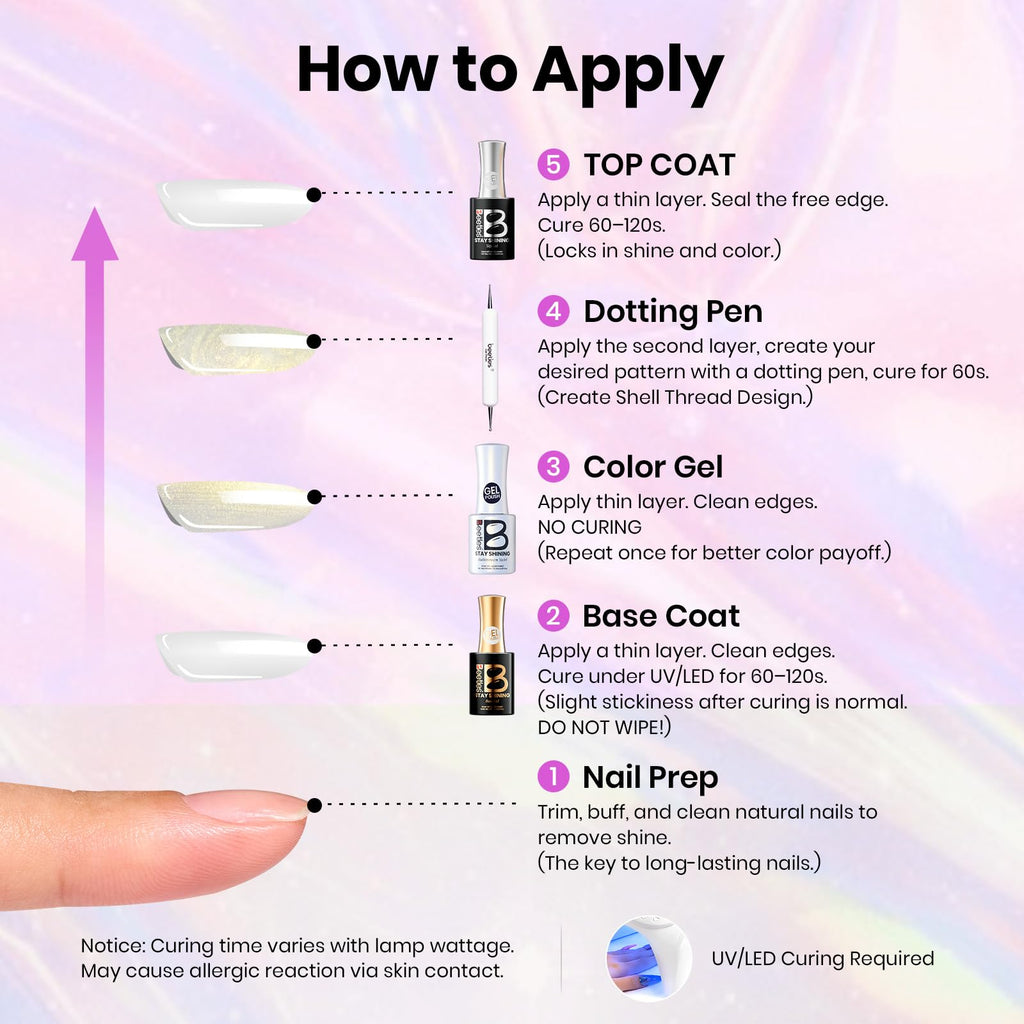 Beetles Gel Polish Stay Shining Pearly Swirl Set — 6 Mermaid Colors & Shell Thread Design