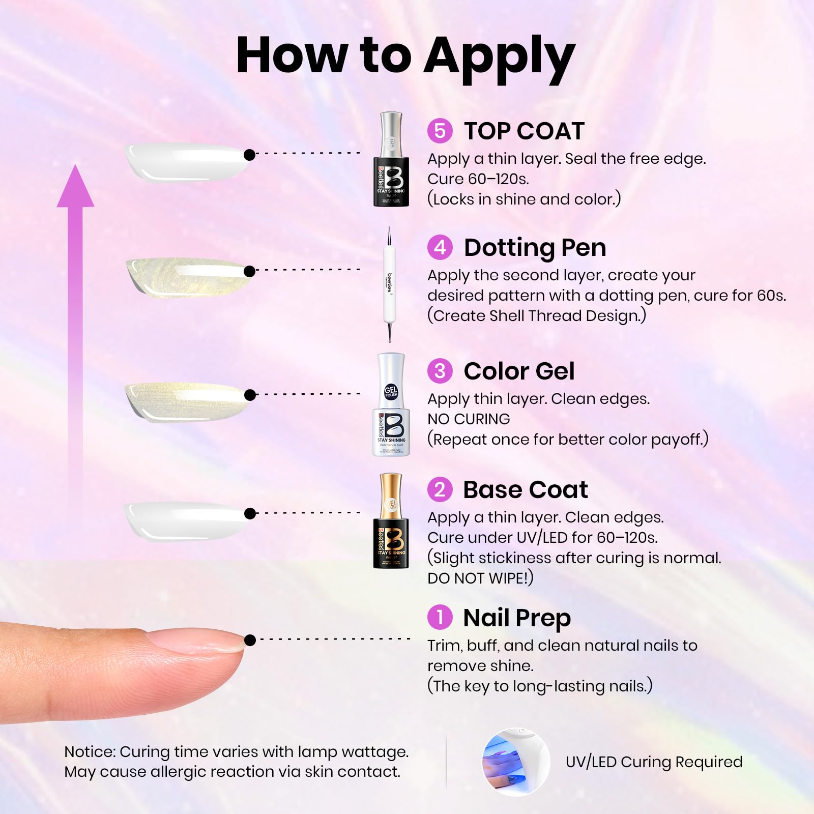 Beetles Gel Polish Stay Shining Pearly Swirl Set — 6 Mermaid Colors & Shell Thread Design