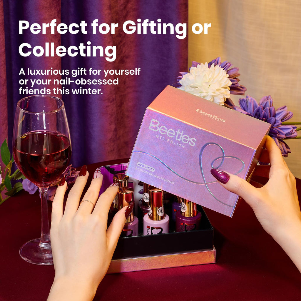 Beetles Purple Gel Polish Set – 6 Colors Cassis Night Collection, HEMA-Free 15ml & Swatch Card