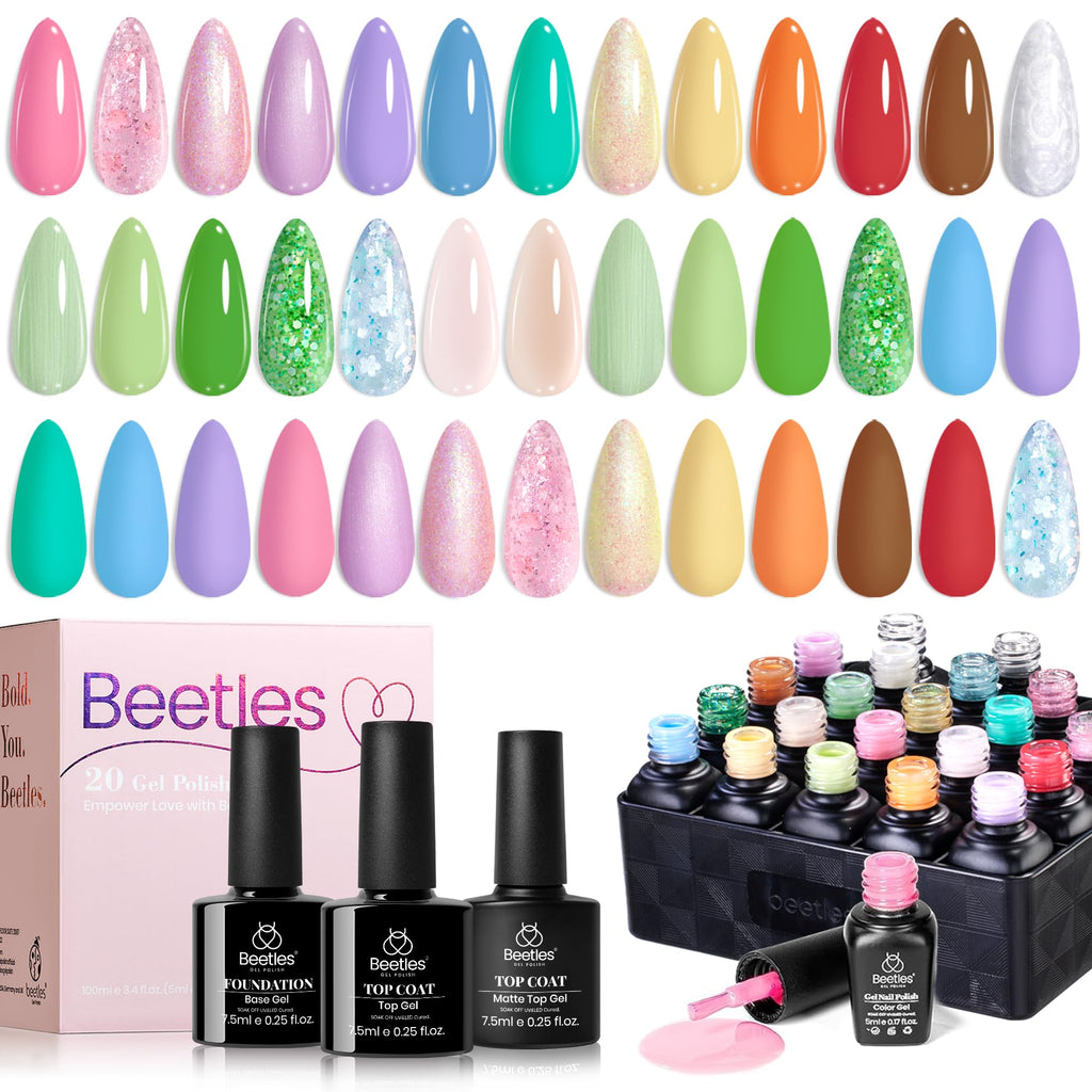 Beetles Gel Nail Polish Set – 20 Pastel Colors with Glossy & Matte Top & Base Coats