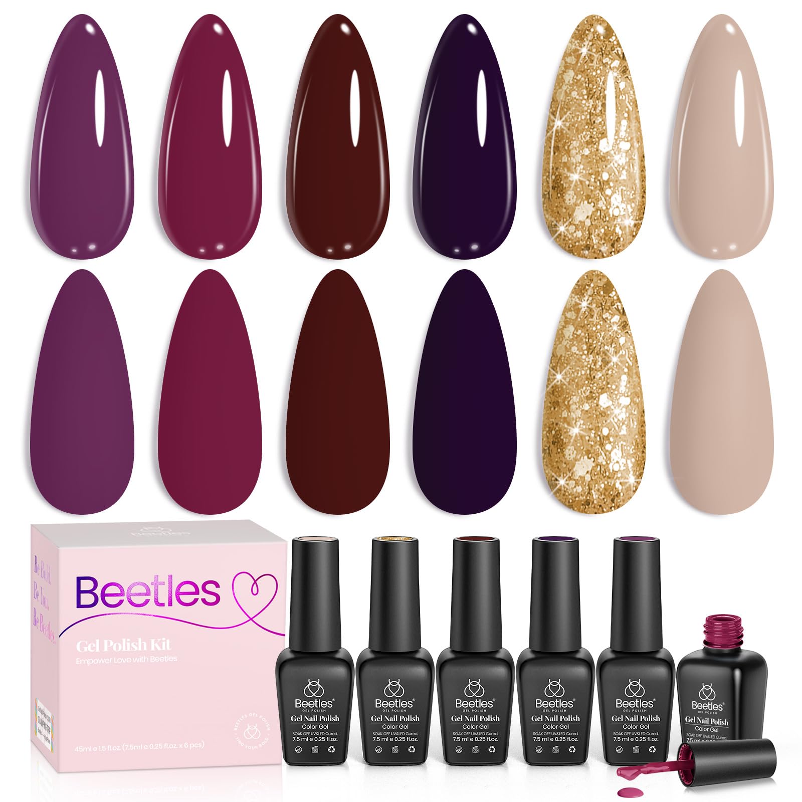 Beetles Gel Nail Polish Set – 6-Piece Burgundy, Plum, Nude & Gold Glitter for Home Salon