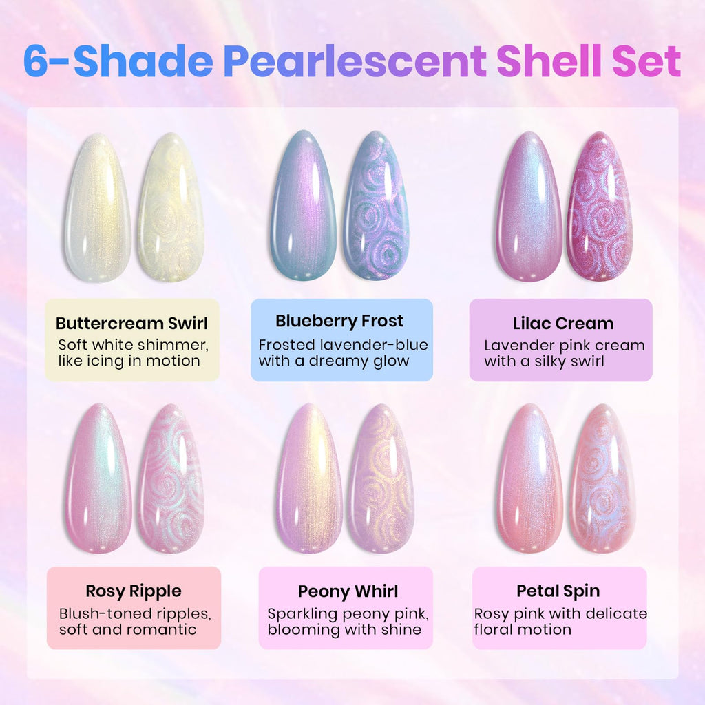 Beetles Gel Polish Stay Shining Pearly Swirl Set — 6 Mermaid Colors & Shell Thread Design