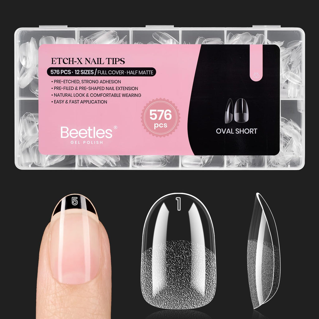 Beetles Gel Polish Short Oval Nail Tips – 576Pcs, 12 Sizes, Pre-Shaped Half-Matte Gelly Tips for DIY Gel Nails