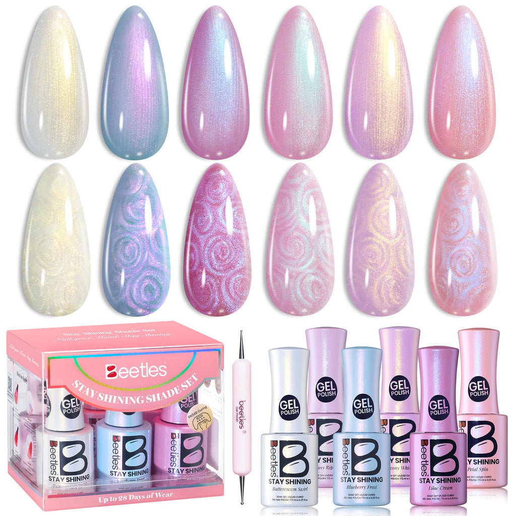 Beetles Gel Polish Stay Shining Pearly Swirl Set — 6 Mermaid Colors & Shell Thread Design