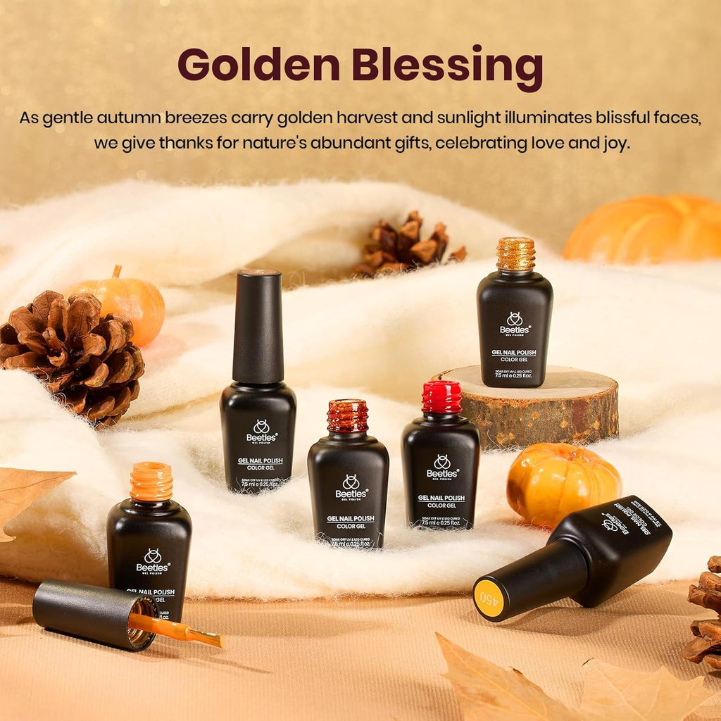 Beetles Gel Nail Polish Set – Golden Blessing (6 Autumn Shades: Red, Yellow, Brown, Glitter Orange-Gold)