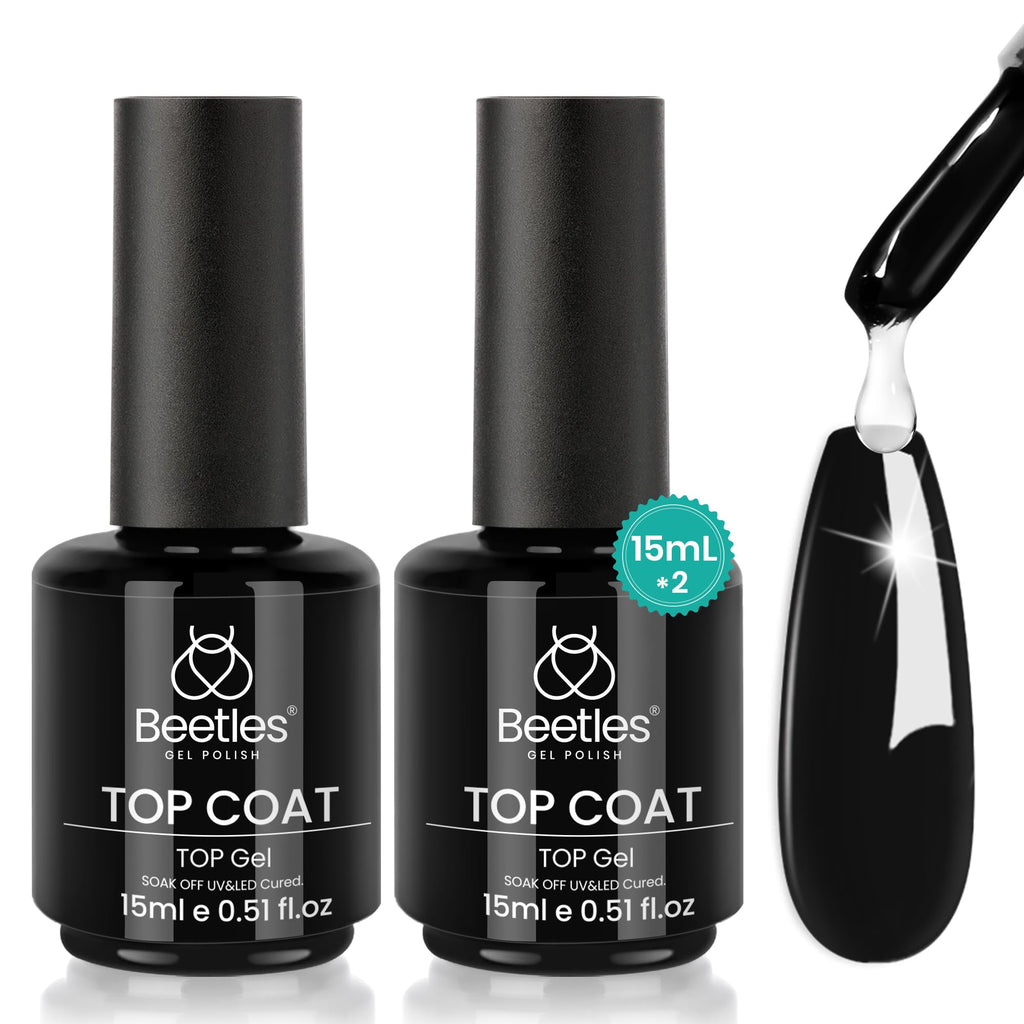Beetles Gel Top Coat No-Wipe, 2x15ml – High-Gloss, Long-Lasting Shine for DIY & Salon