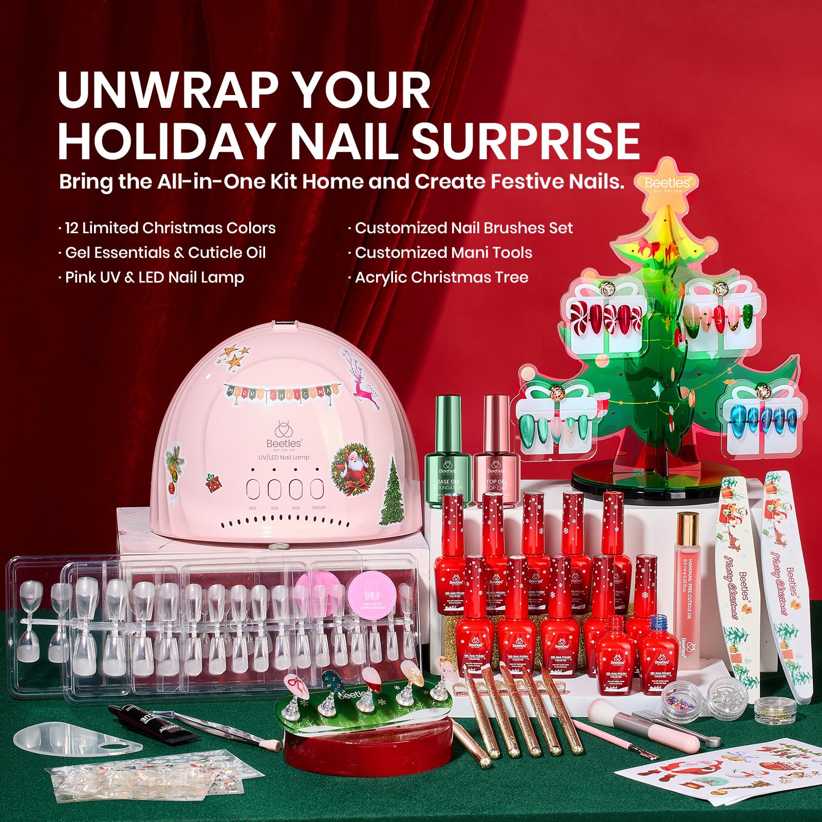 Beetles 67Pcs Gel Nail Polish Kit with UV Light – 12 Colors, Tips & Display Stand