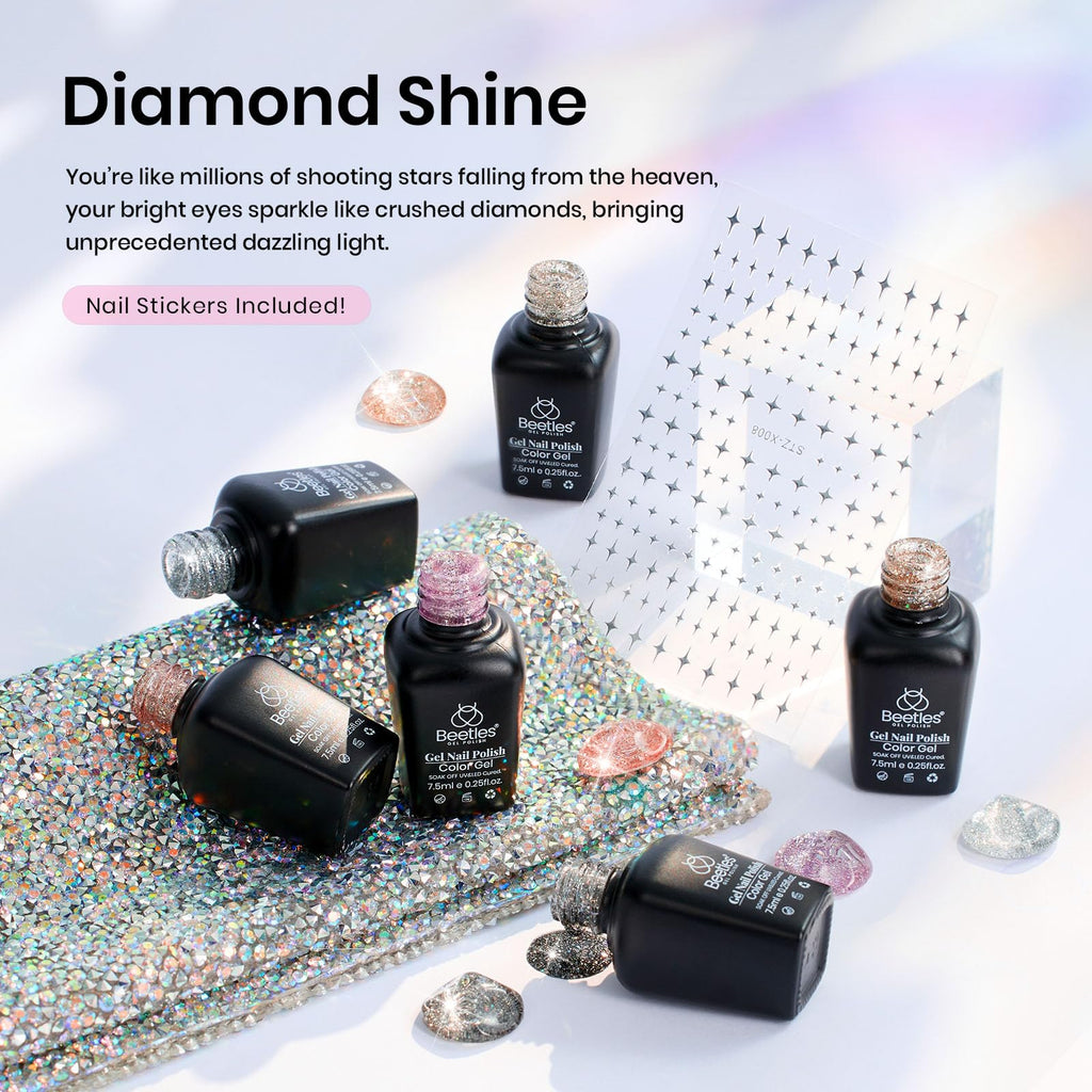 Beetles Glitter Gel Polish Diamond Shine 6-Color Set with Nail Art Stickers | Silver, Black, Pink, Gold & Holographic Glitter for UV/LED Manicures
