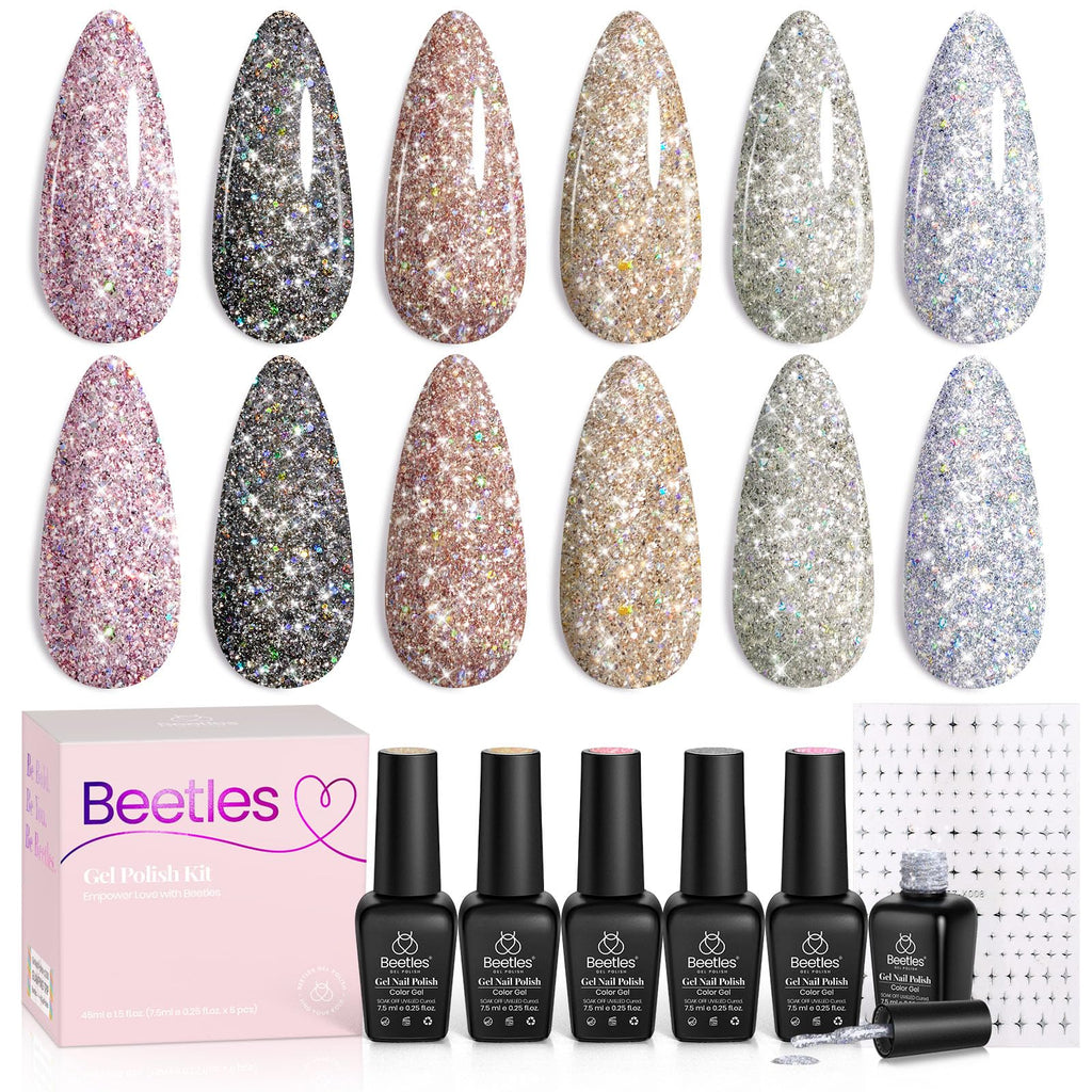Beetles Glitter Gel Polish Diamond Shine 6-Color Set with Nail Art Stickers | Silver, Black, Pink, Gold & Holographic Glitter for UV/LED Manicures