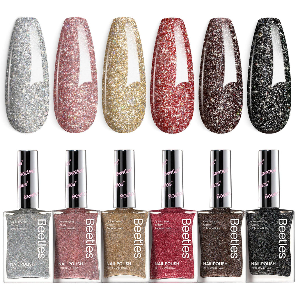 Beetles Glitter Nail Polish Set – 6 Quick-Dry Glitter Lacquers (Silver, Pink, Gold, Red, Brown, Black)