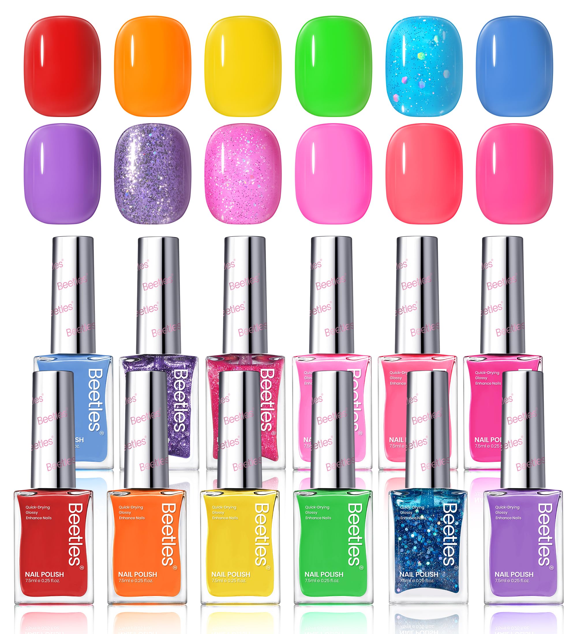 Beetles Glitter Neon Nail Polish Set – 12 Quick-Dry Neon Glitter Colors for DIY Nails