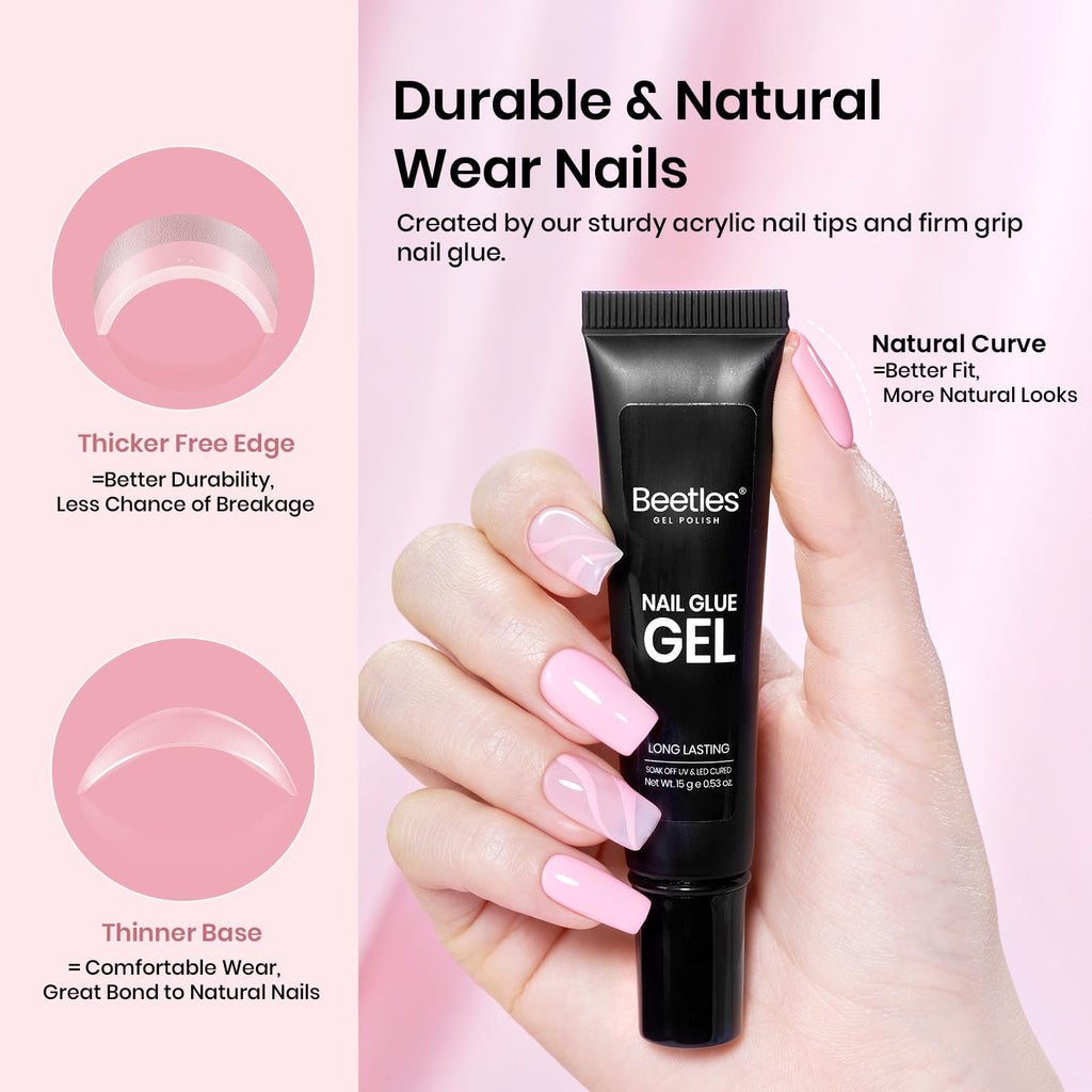 Beetles Gel Nail Kit Short Square — 576Pcs Tips + Mini UV Lamp for DIY Extensions