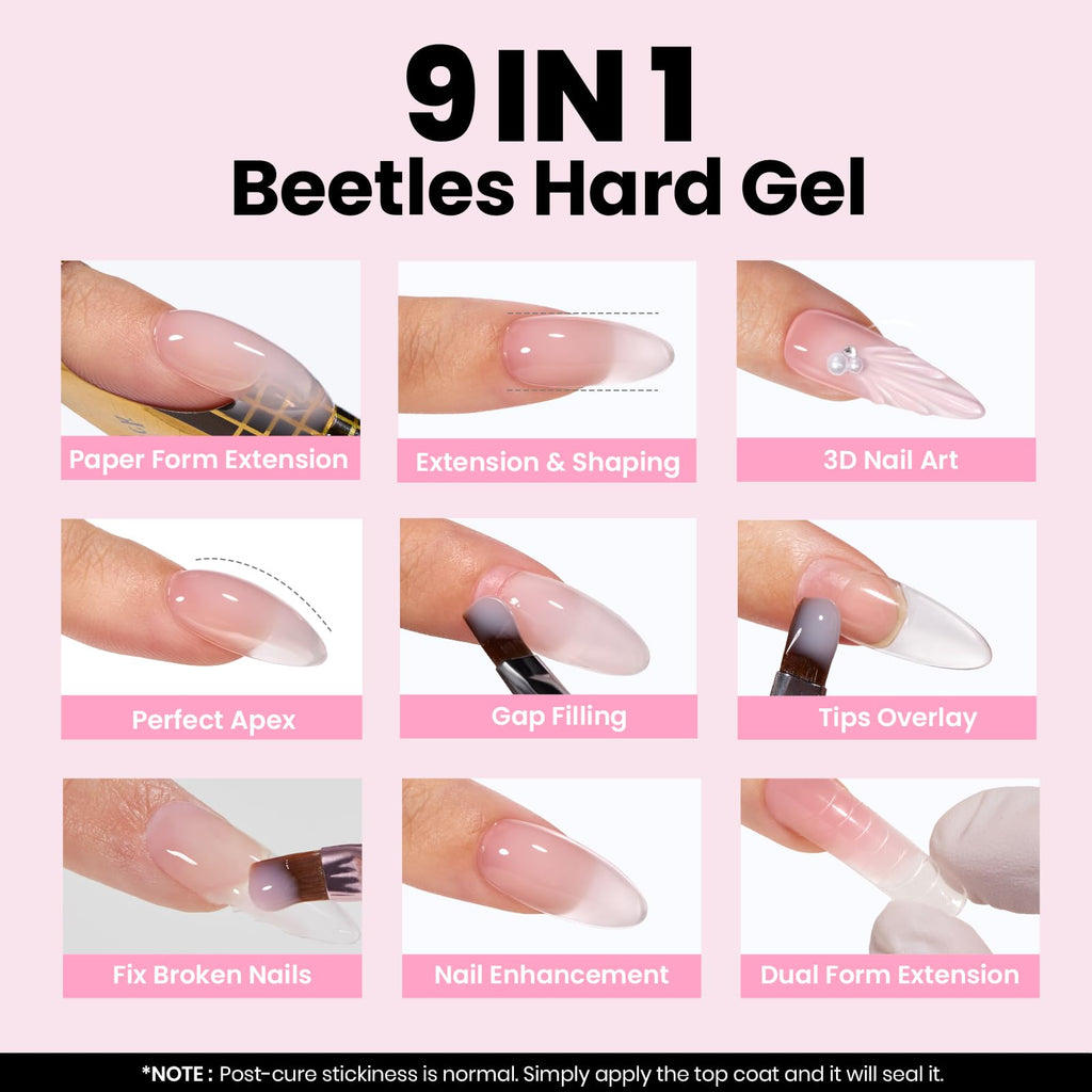 Beetles Hard Gel Kit – 3 Colors 9-in-1 Builder Gel for Salon Nails (Nude, Pink, Clear) UV/LED Cure