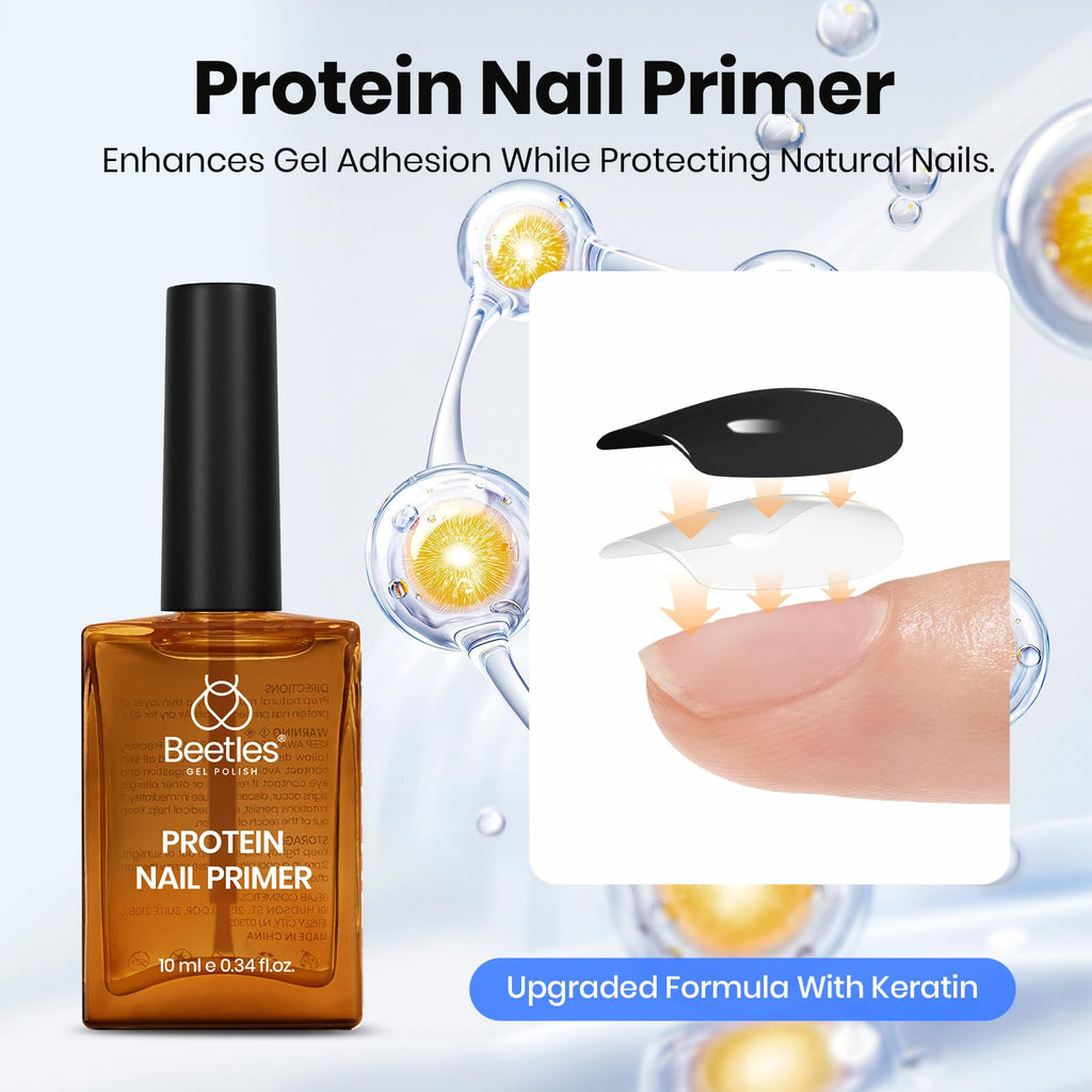 Beetles Protein Nail Prep Dehydrator & Primer Set — Hema-Free, Acid-Free, 10ml, Matte & Glitter Top Coat