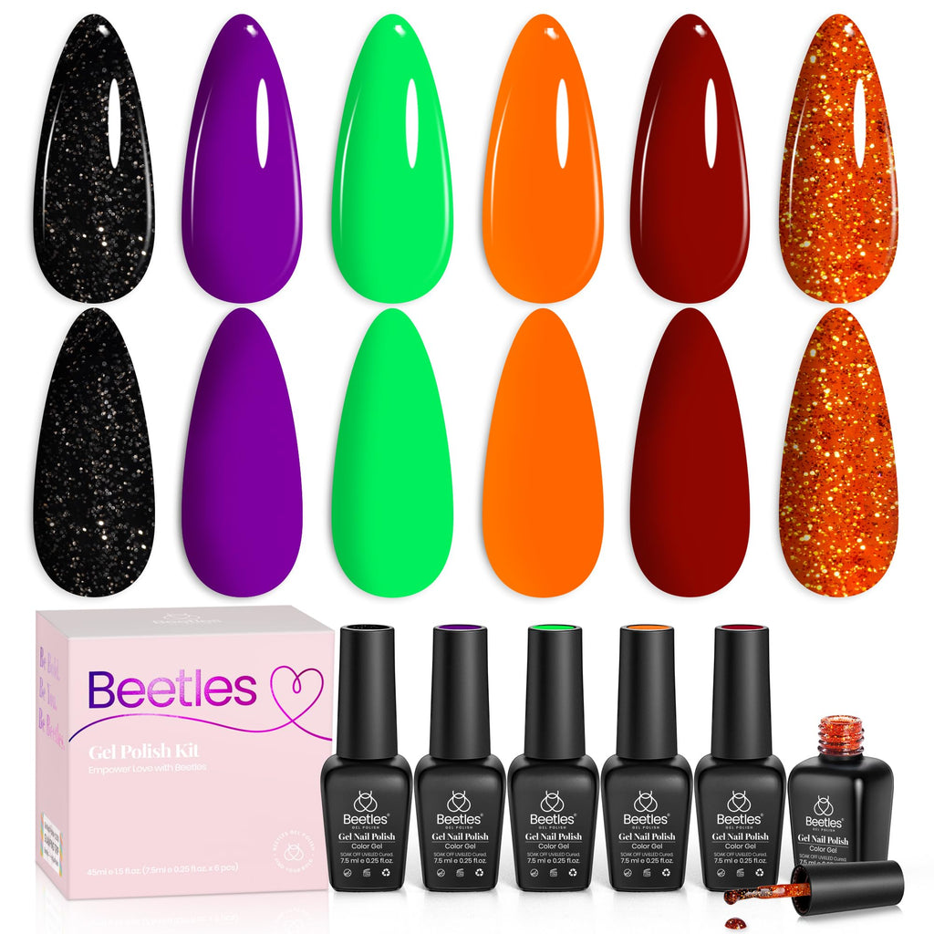 Beetles Gel Nail Polish Set Hocus Pocus – 6 Colors Orange Green Purple Black Red Glitter (UV/LED Cured)