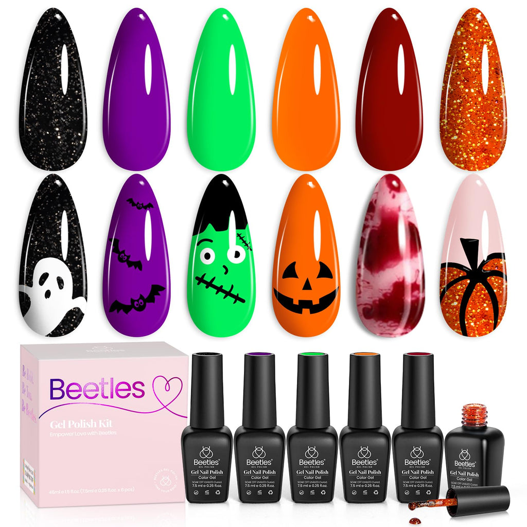 Beetles Gel Nail Polish Set Hocus Pocus – 6 Colors Orange Green Purple Black Red Glitter (UV/LED Cured)