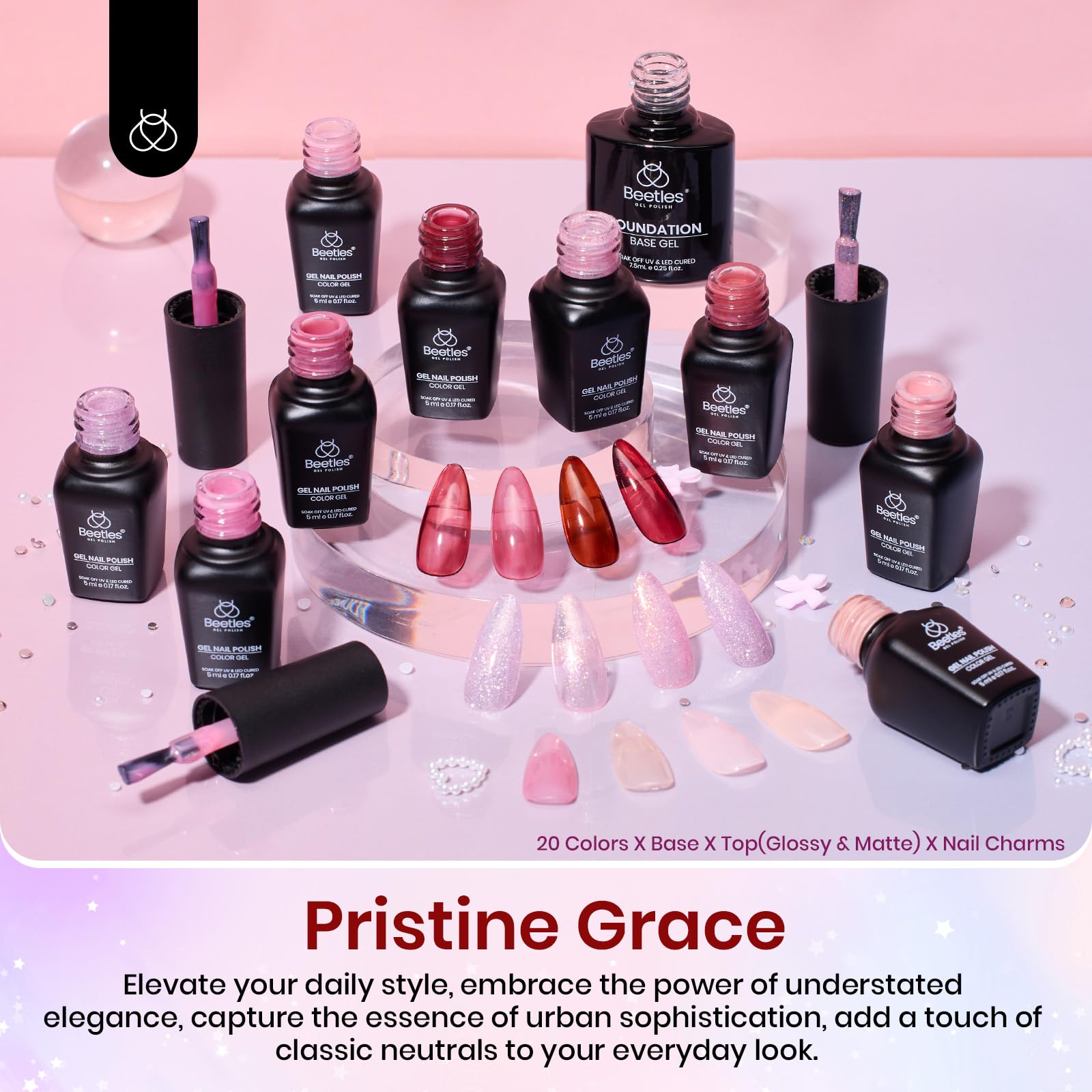 Beetles Jelly Gel Nail Polish Set – 25Pcs, 20 Colors, Soak-Off UV Gel Kit + Base Coat, Top Coats, Pearls