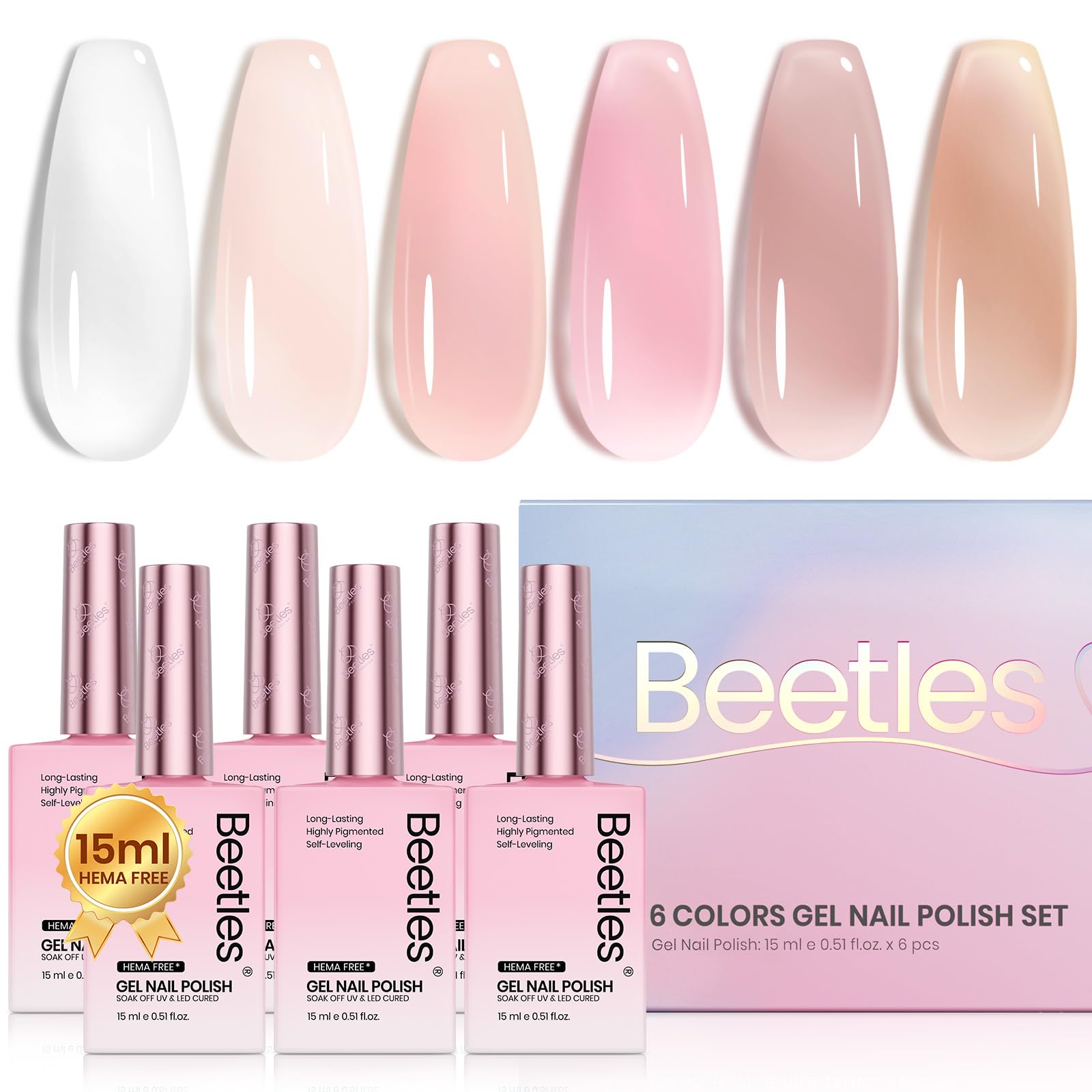 Beetles Jelly Gel Nail Polish Set – 6 Colors, 15ml, HEMA-Free, Up to 28 Days