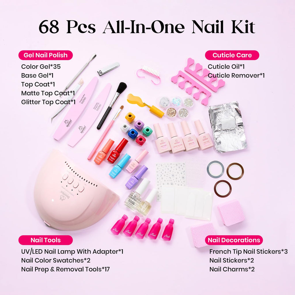 Beetles Gel Nail Polish Kit with UV Light – 68-Piece Mood Mosaic Set, 35 Colors, Base/Top/Matte/Glitter, LED Lamp & Tools