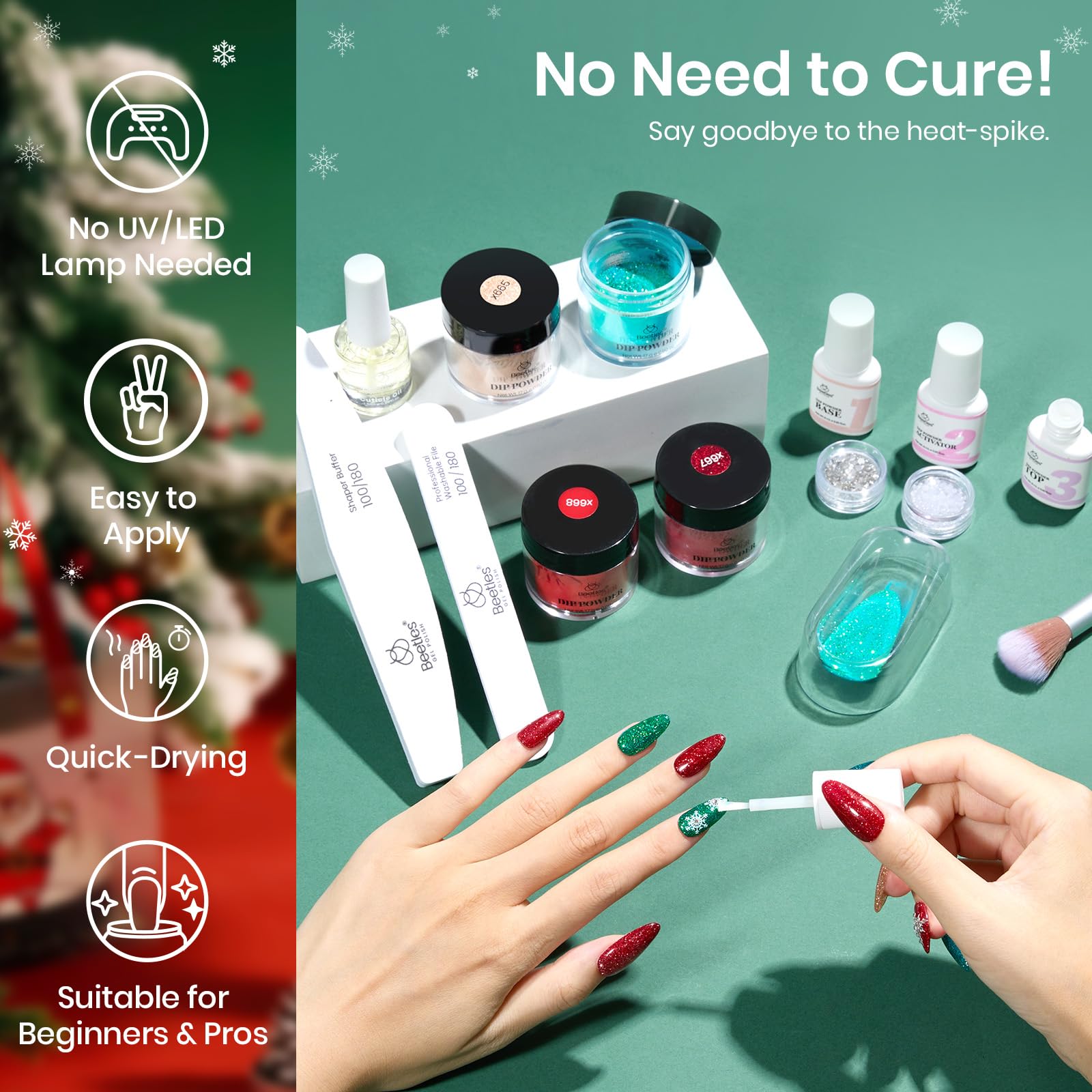Beetles Christmas Dip Powder Nail Kit – 4 Winter Colors + Liquid Set & Tools for Easy DIY Manicure
