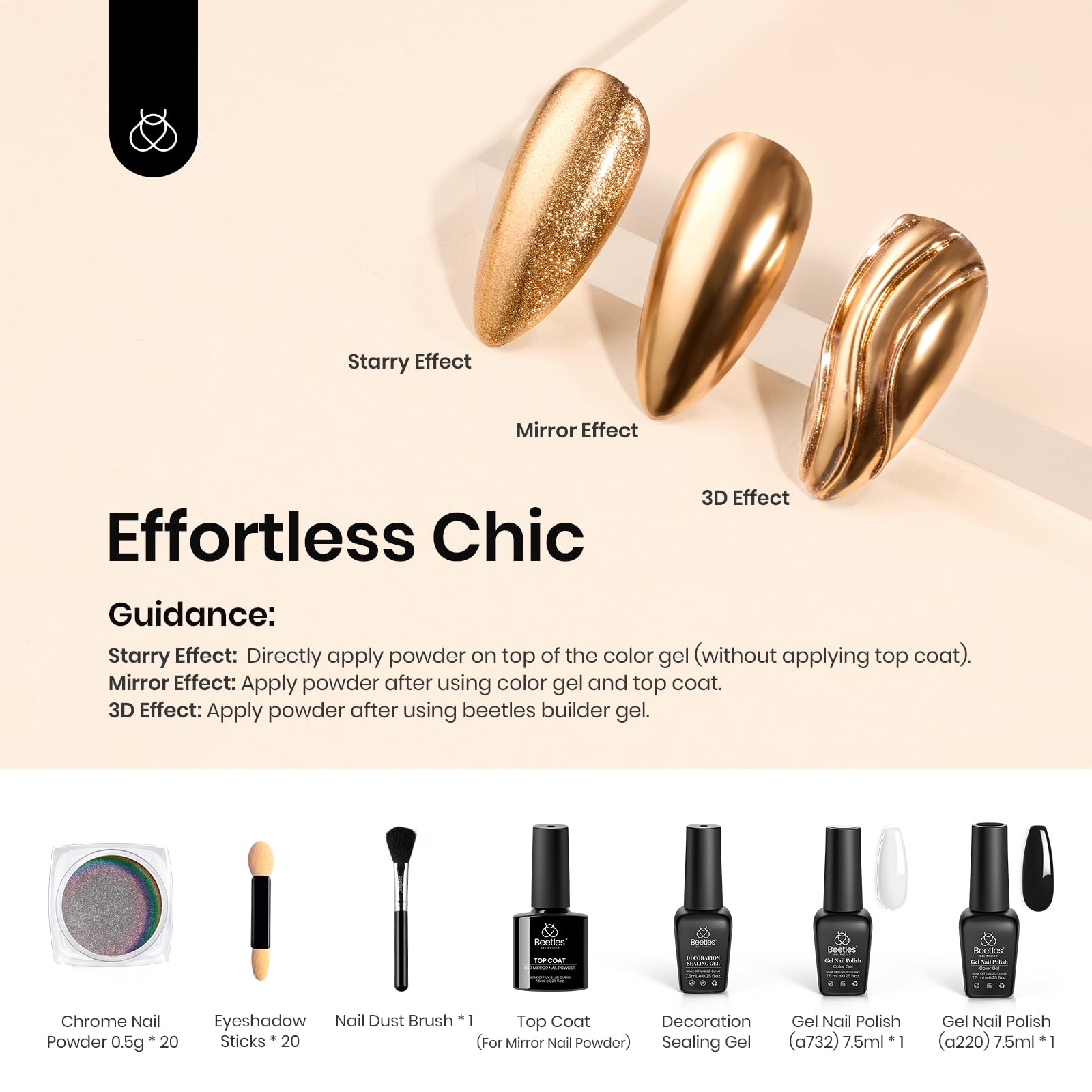 Beetles 24Pcs Metallic Chrome Nail Powder Kit – Mirror Shine, Base & Top Coat, DIY Nail Art