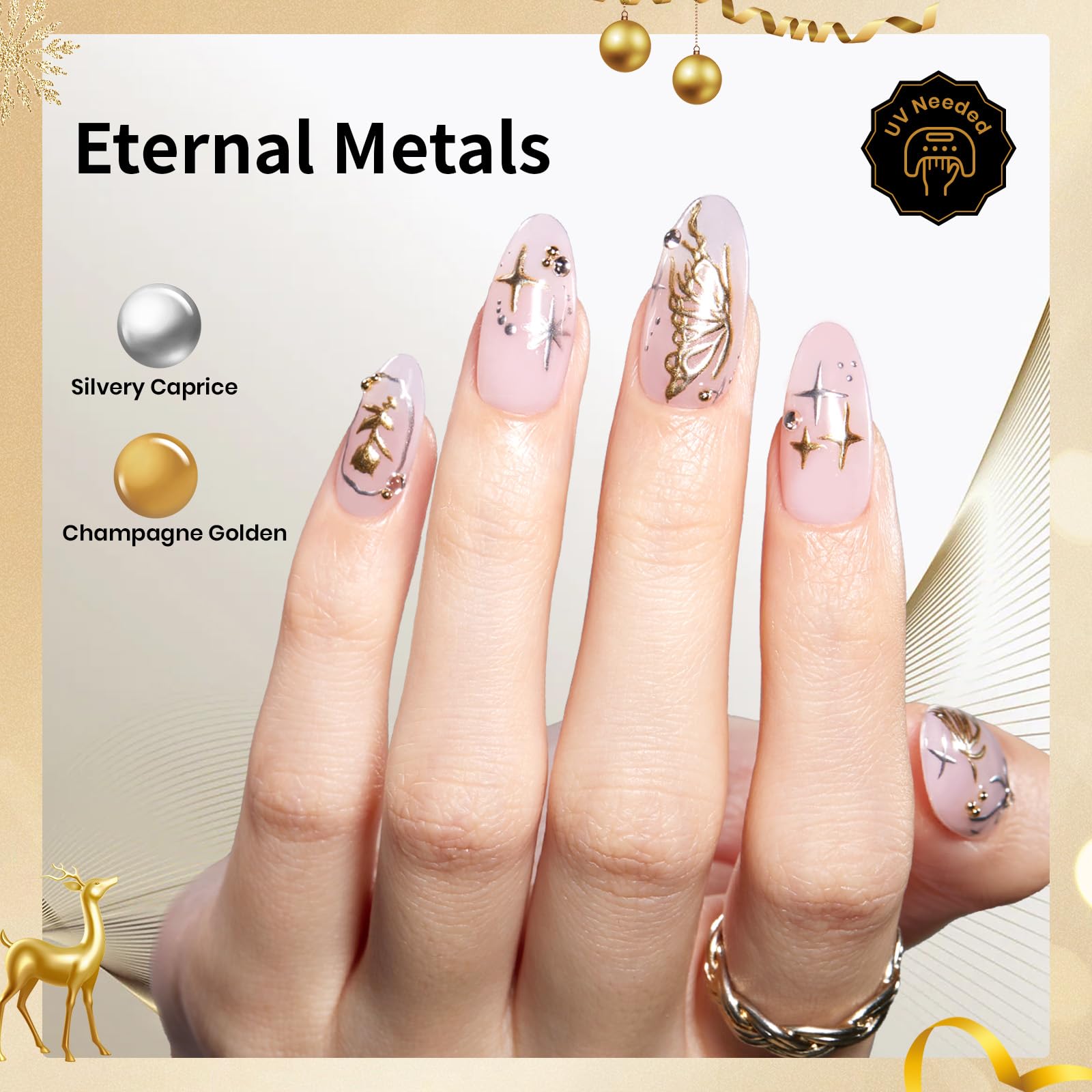 Beetles Metallic Gel Nail Polish Liner Set – Silver, Bronze, Gold | 2pc Chrome 3D High-Gloss Finish