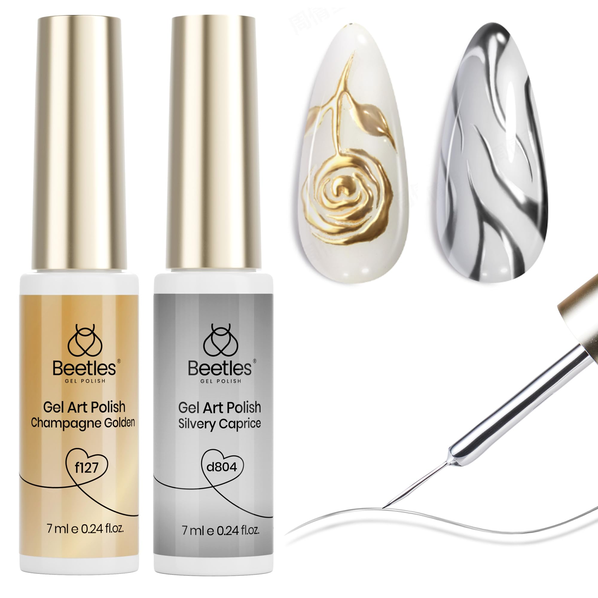 Beetles Metallic Gel Nail Polish Liner Set – Silver, Bronze, Gold | 2pc Chrome 3D High-Gloss Finish