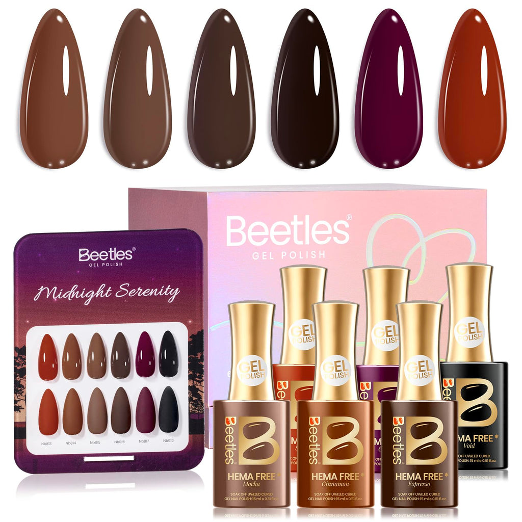 beetles Brown Gel Polish Set – Midnight Serenity, HEMA-Free 6 Colors + Swatch Card