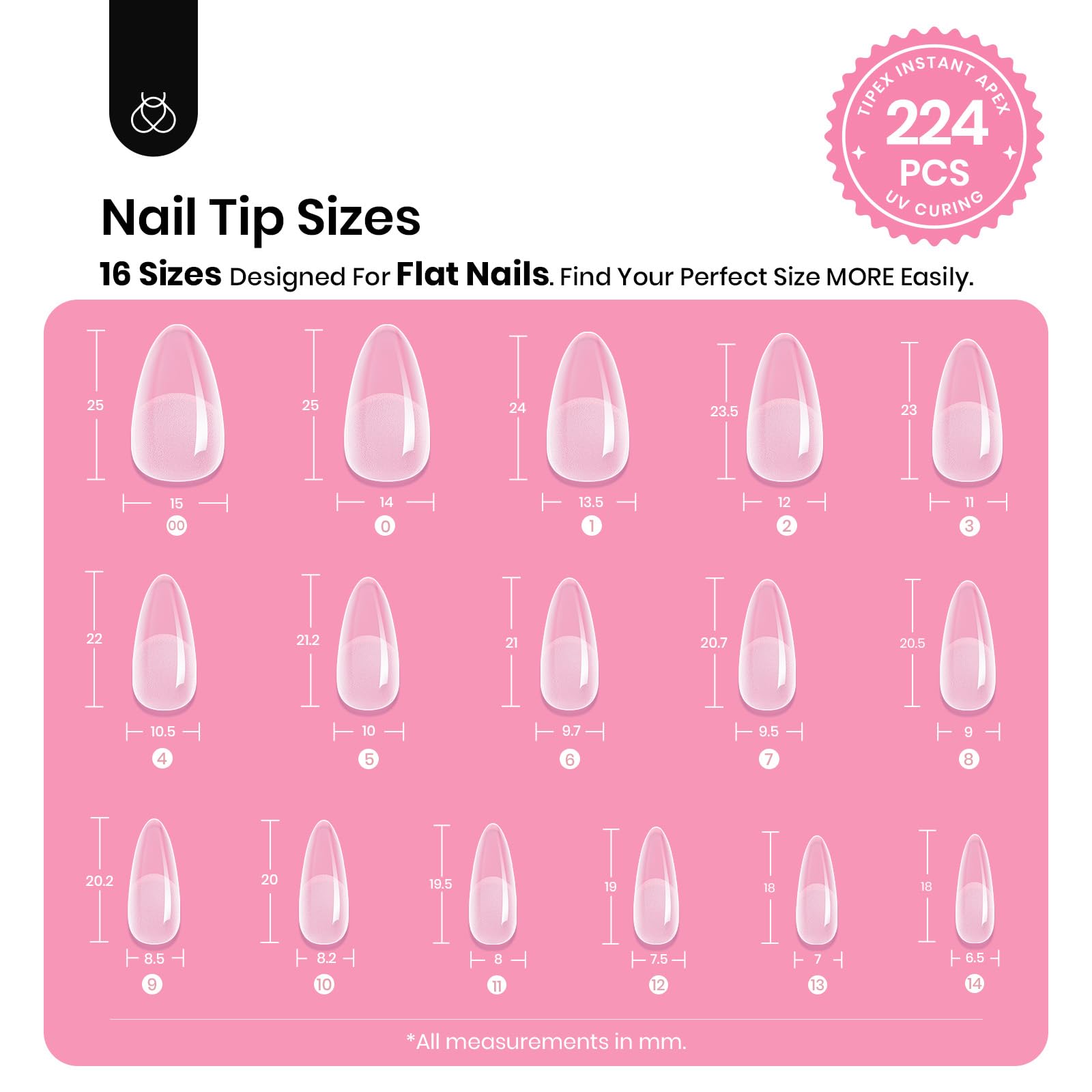 Beetles Tipex Gel Nail Kit – 224 Pre-Built Tips, 16 Sizes, Mini UV Lamp & Glue