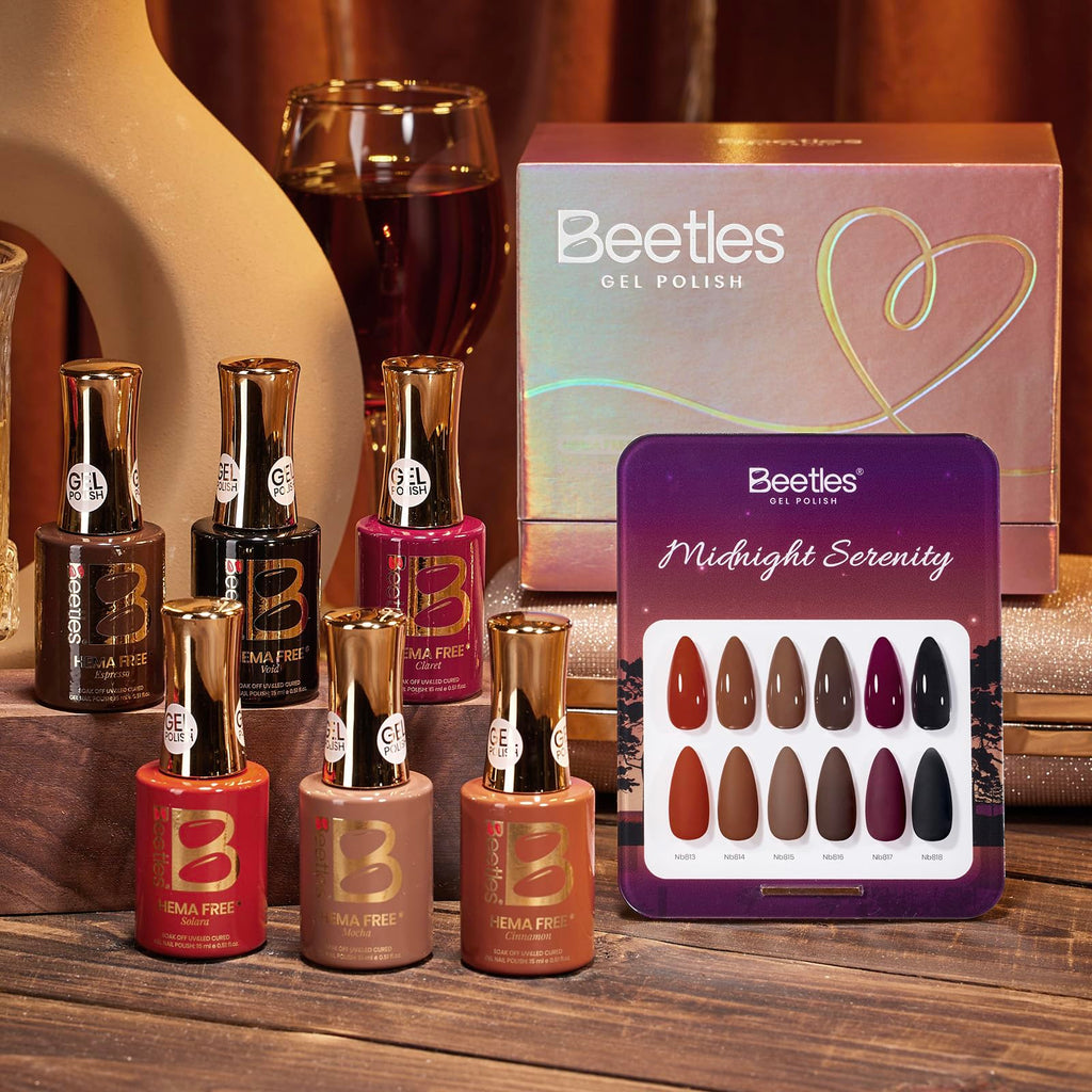 beetles Brown Gel Polish Set – Midnight Serenity, HEMA-Free 6 Colors + Swatch Card