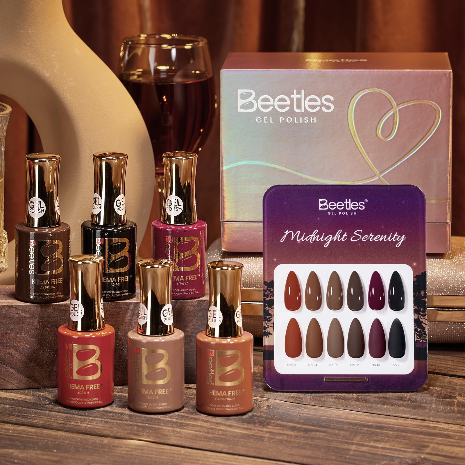 beetles Brown Gel Polish Set – Midnight Serenity, HEMA-Free 6 Colors + Swatch Card
