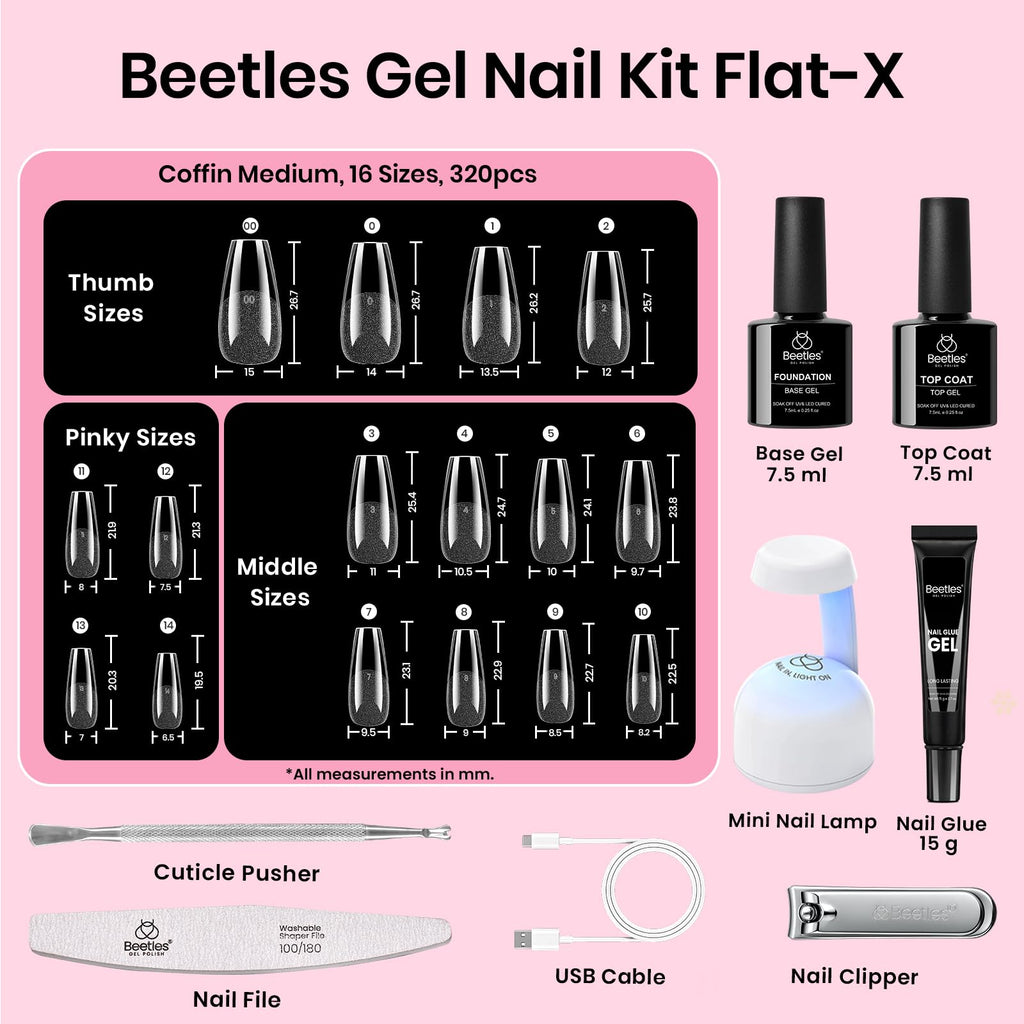 Beetles Gel Nail Kit Flat-X Coffin Medium – 320 Tips, 15g Glue Gel, 7.5ml Base & Top Coat, Mini Lamp