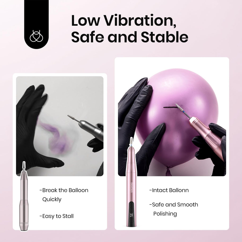 Beetles Cordless Electric Nail Drill – 20 Adjustable Speeds, Rose Gold, Long Battery Life, 5-Head E-File Kit for Home or Salon