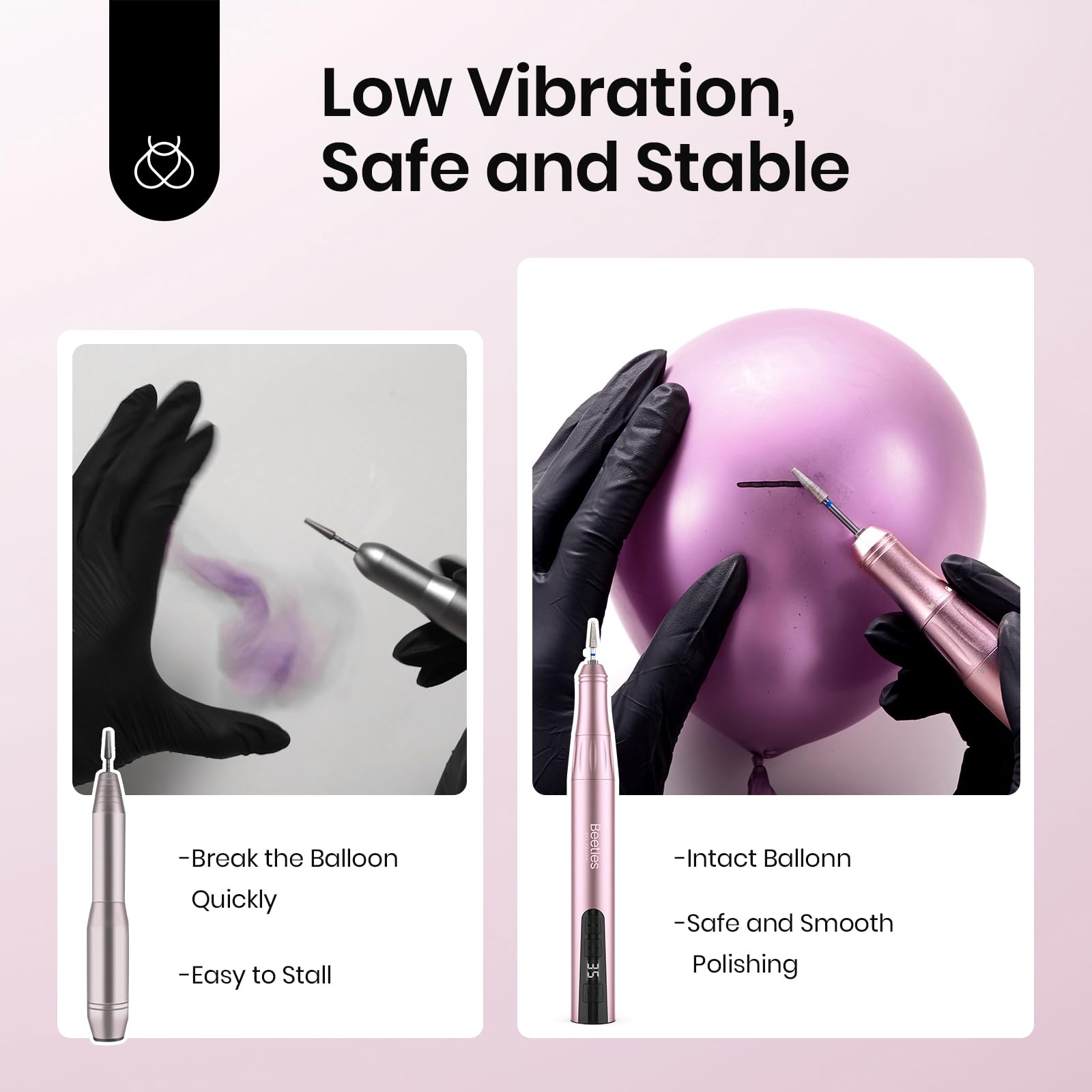 Beetles Cordless Electric Nail Drill – 20 Adjustable Speeds, Rose Gold, Long Battery Life, 5-Head E-File Kit for Home or Salon