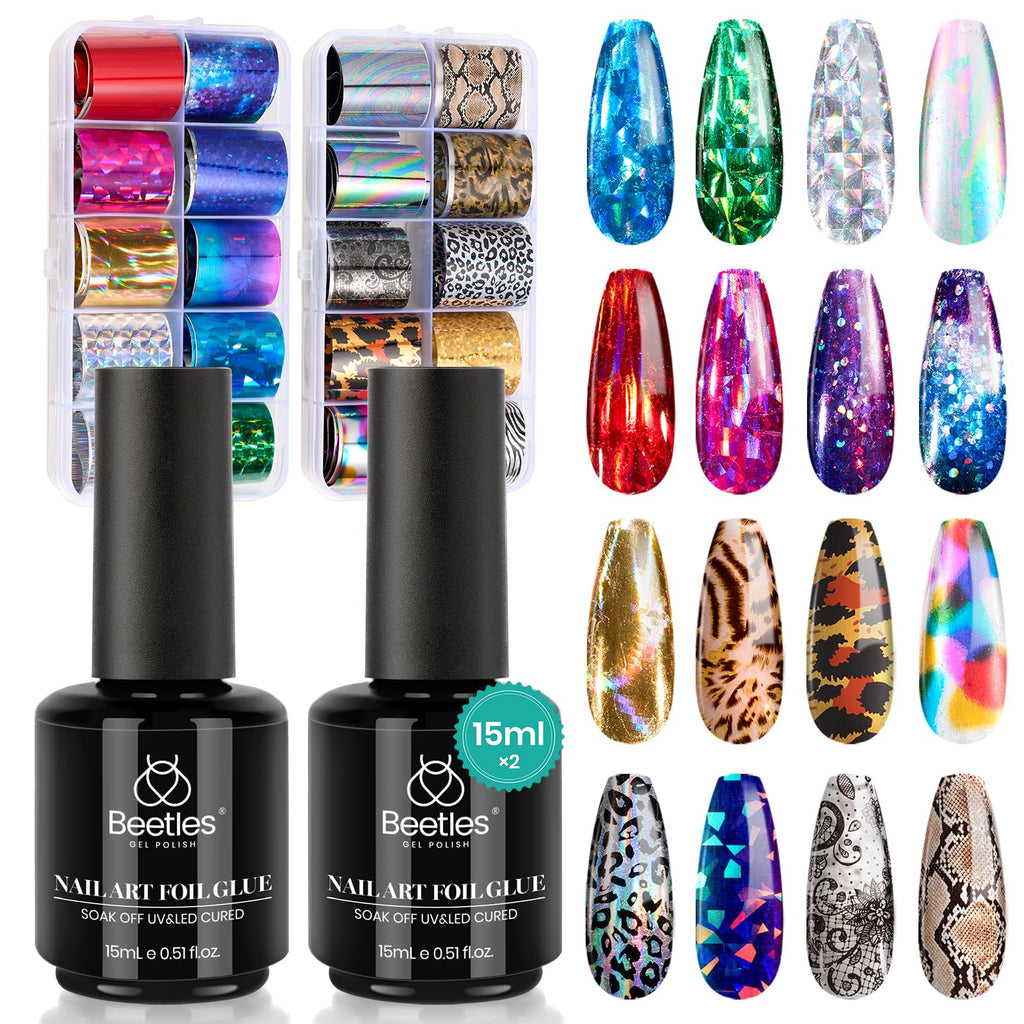 Beetles Nail Foil Art Kit – 20 Foils, 30ml Glue Gel, Metal Holographic & Leopard Stickers