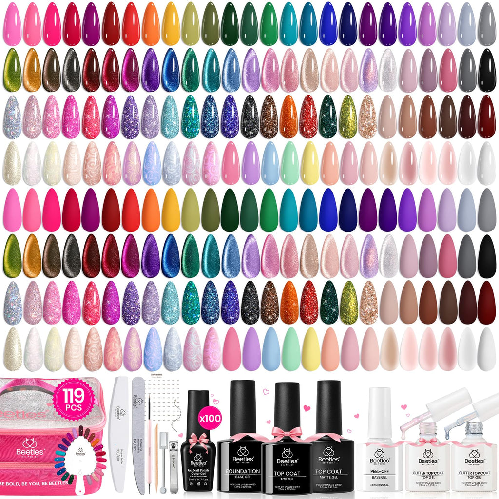 Beetles Nail Nook Gel Polish Set – 119 PCS, 100 Colors, Base & Top Coats, Glitter, Pearl & Cat Eye