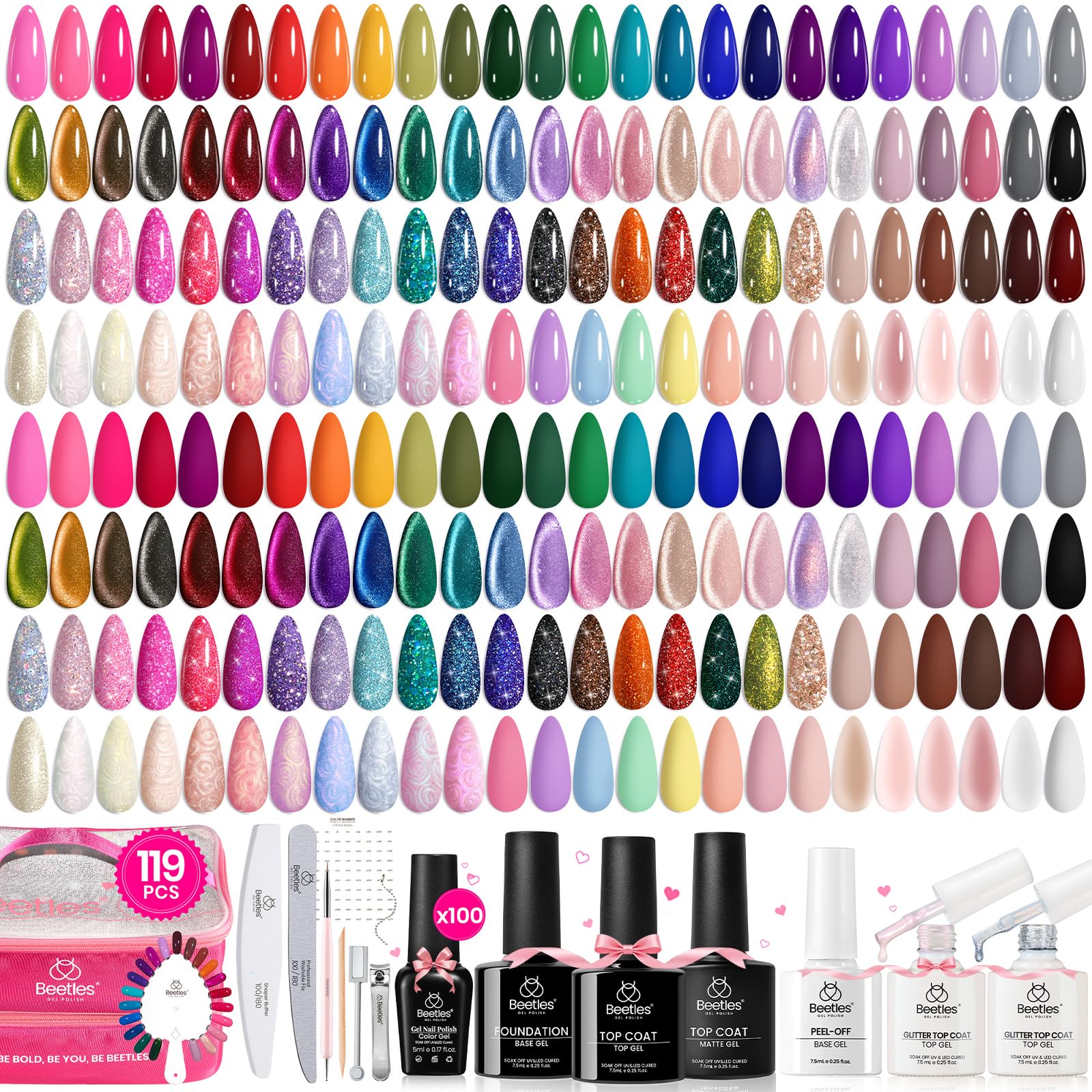 Beetles Nail Nook Gel Polish Set – 119 PCS, 100 Colors, Base & Top Coats, Glitter, Pearl & Cat Eye